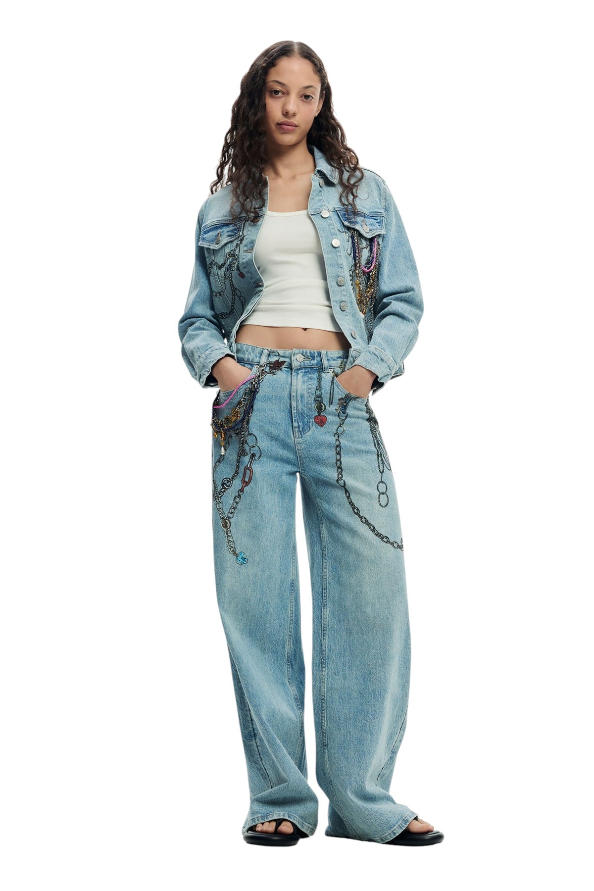 Desigual Long denim trousers, straight cut with chain print