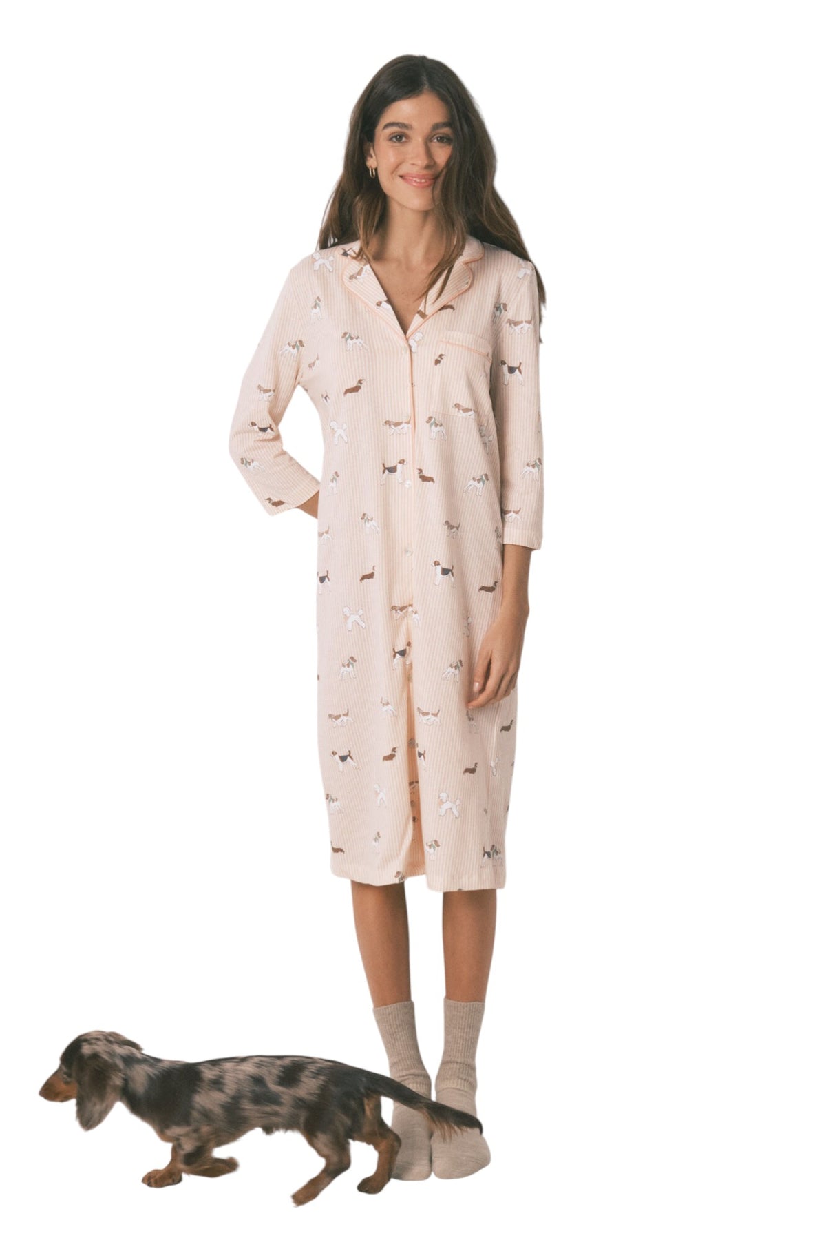 Women Secret Striped and dog print 100% cotton midi nightgown