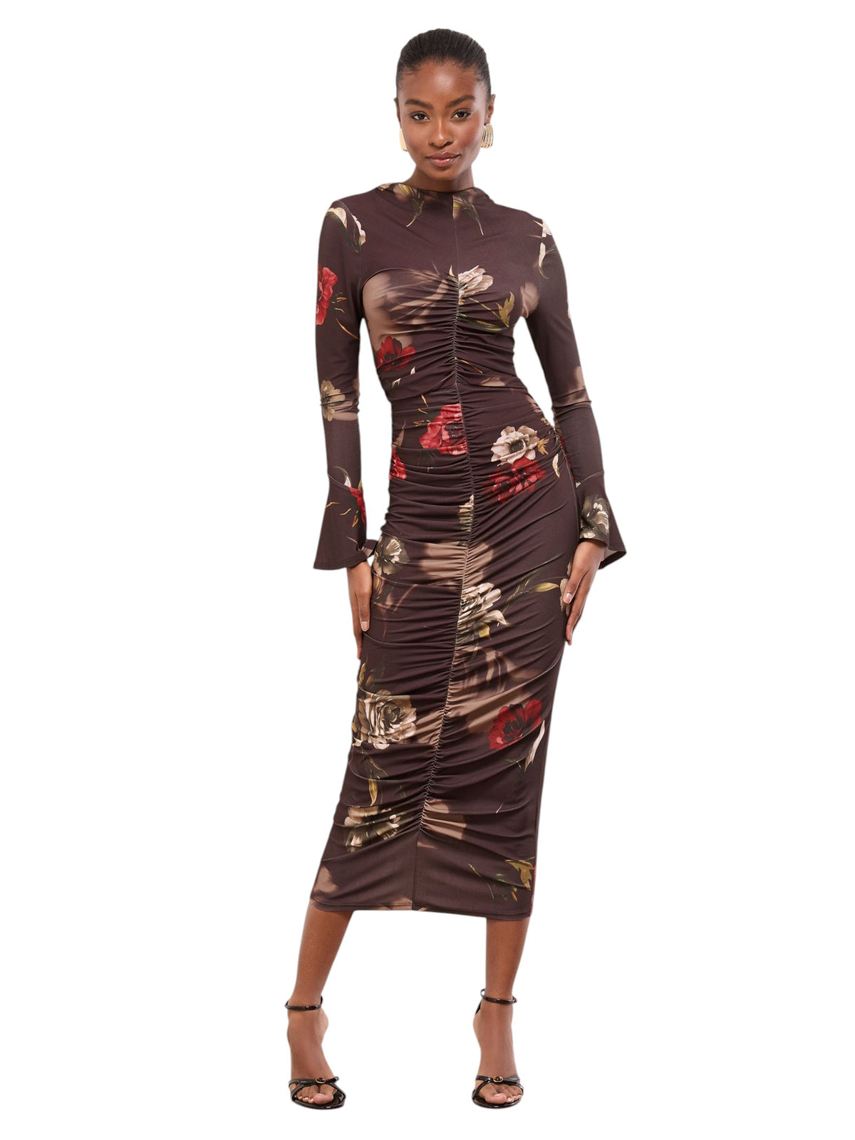 Lipsy Chocolate Brown Floral Long Sleeve Ruched Jersey Bodycon Dress