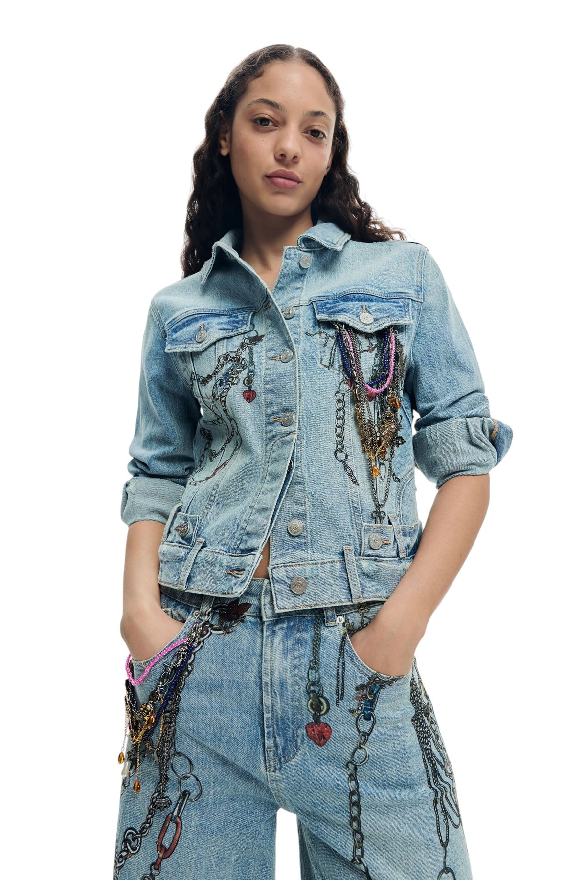 Desigual Regular-fit denim jacket in blue denim with contrasting graphic print