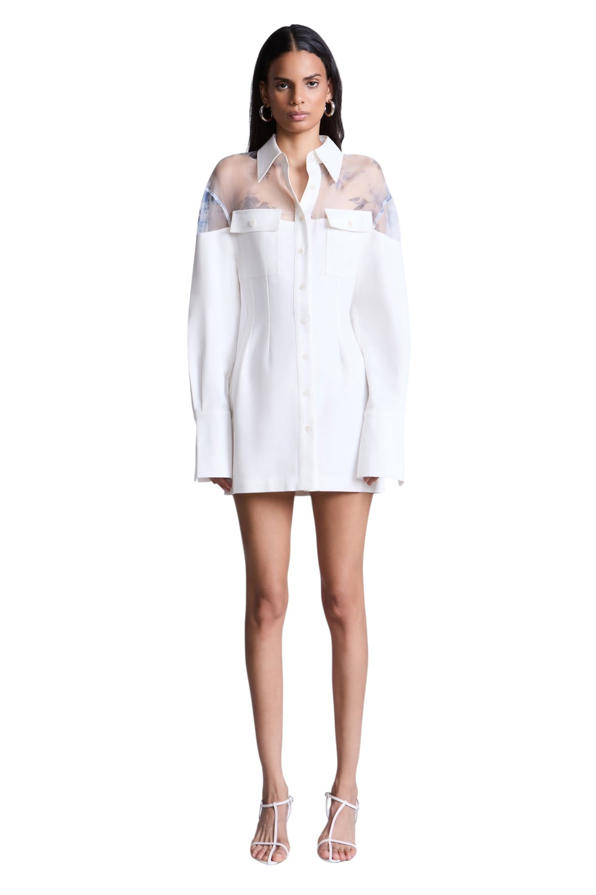 BCBGMAXAZARIA Patricia Printed Mixed-media shirt dress that uses sheer contrast to create the illusion of layering.
