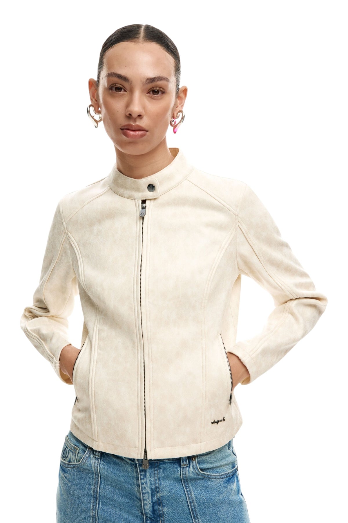 Desigual Worn-effect faux leather jacket, fitted, with Mandarin collar zip fastening
