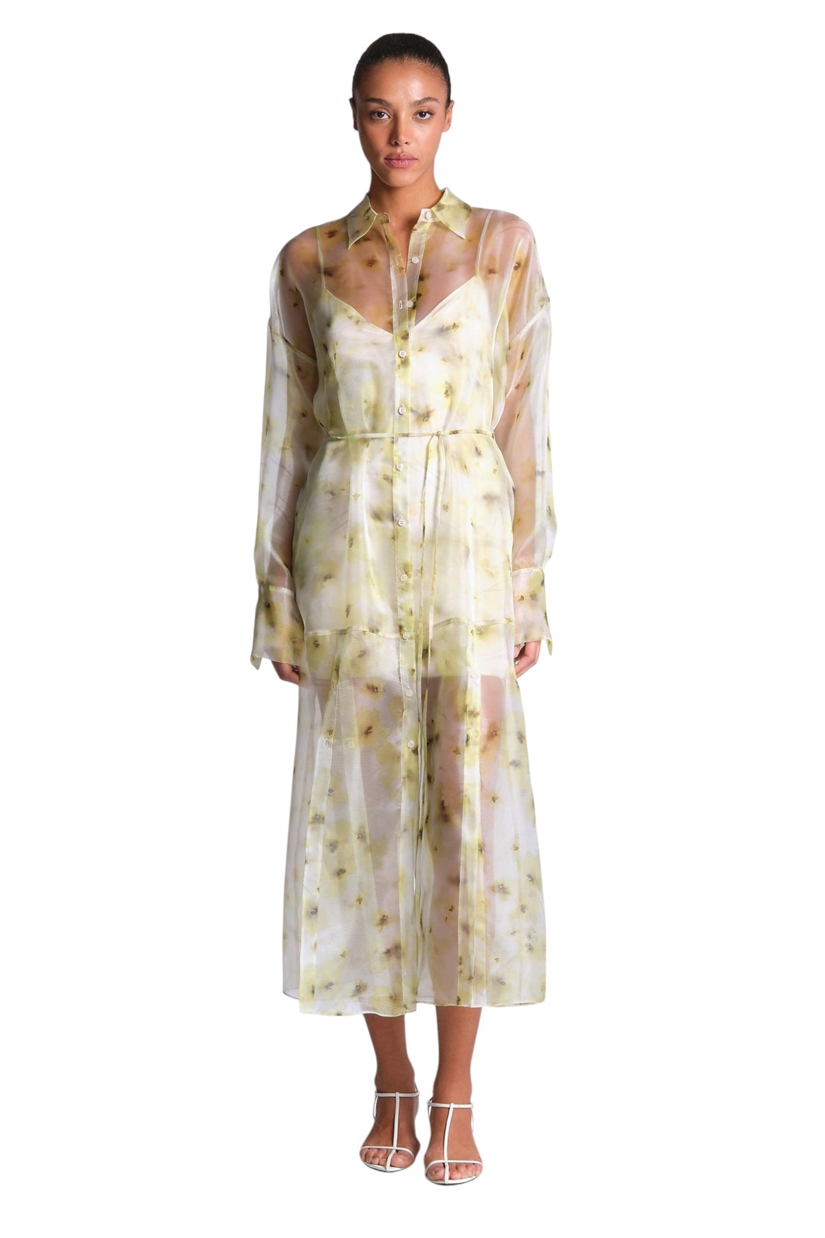 BCBGMAXAZARIA Monica Printed Sheer printed shirt dress in airy organza with a soft fluid drape.