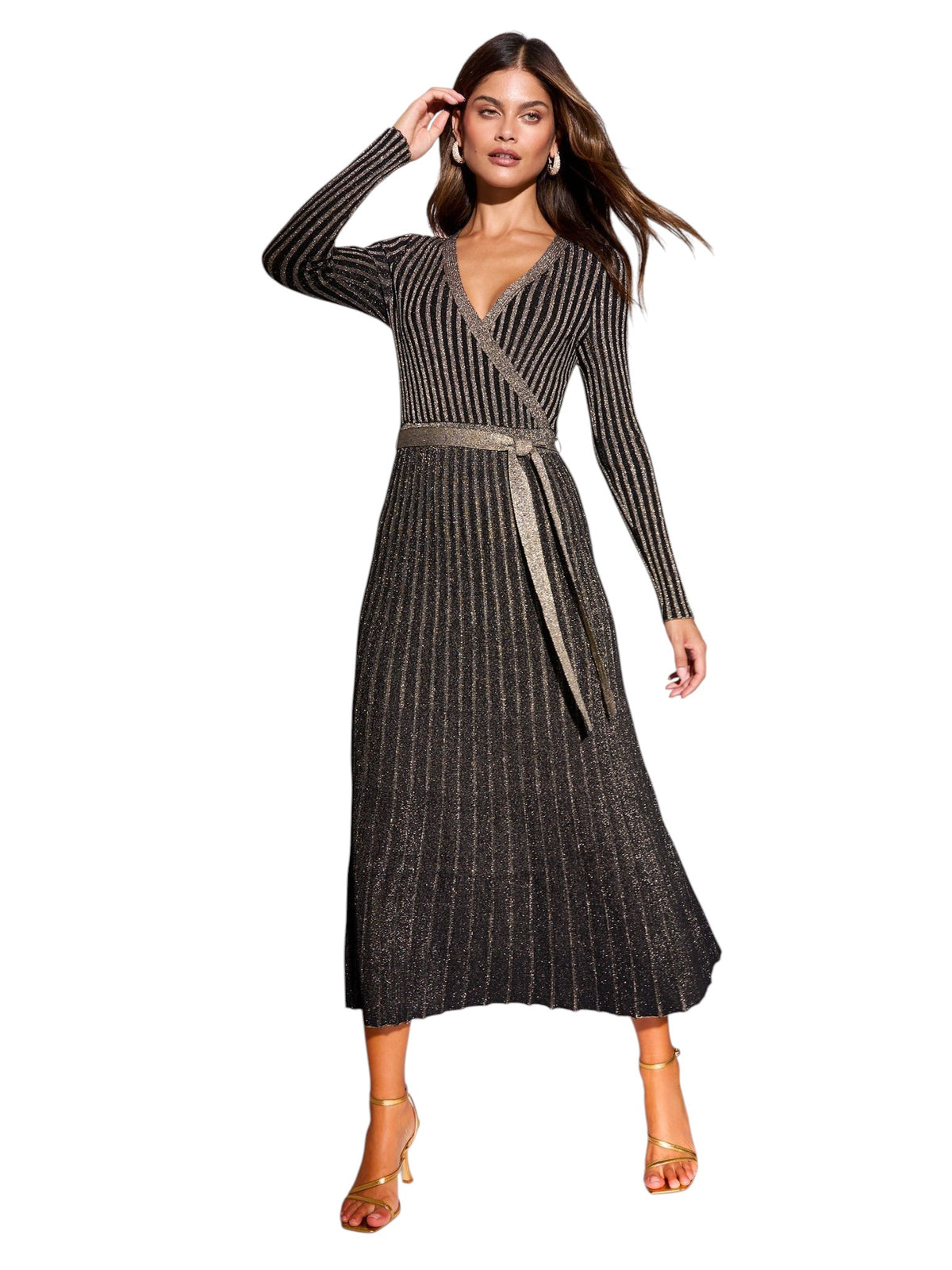 Lipsy Black/Gold Wrap Neck Belted Sparkle Knit Midi Dress