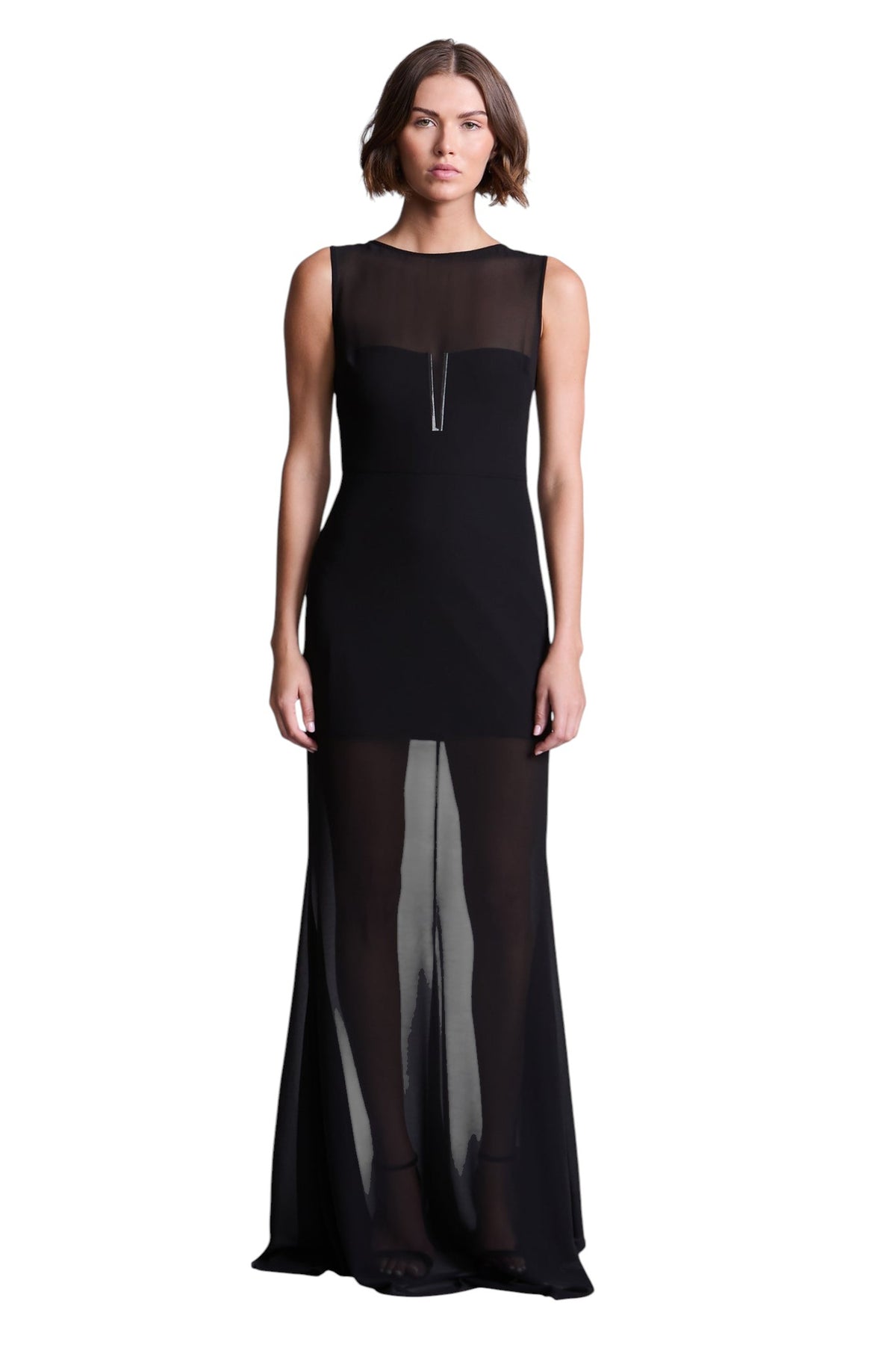 BCBGMAXAZARIA Bella Sheer gown cut from fluid chiffon with a soft weightless drape.