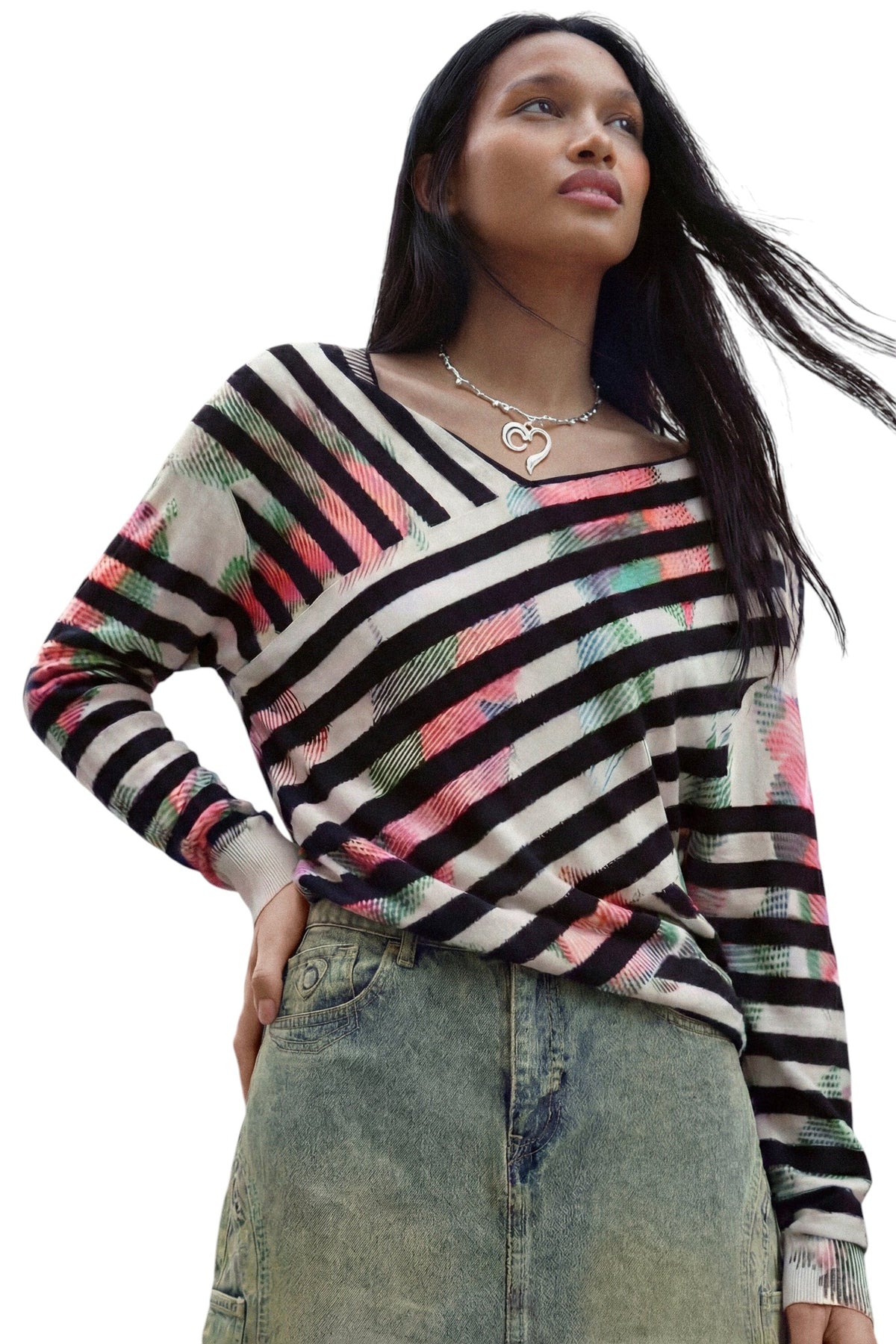 Desigual Fine-knit Sweater with wrap neckline, striped print over a blurred floral print