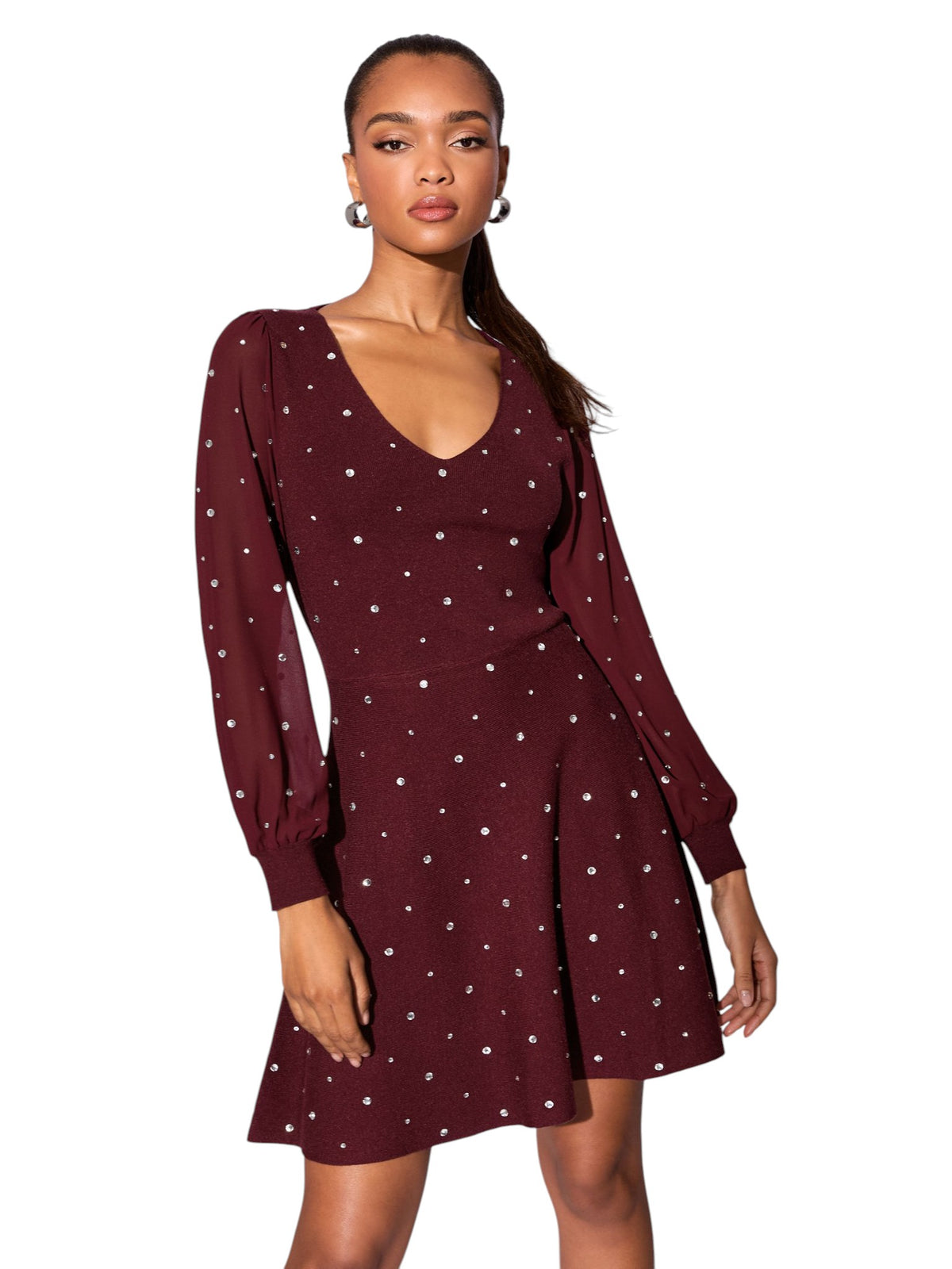 Lipsy Burgundy Red Hotfix Embellished Chiffon Sleeve V-Neck Skater Knitted Mini Dress