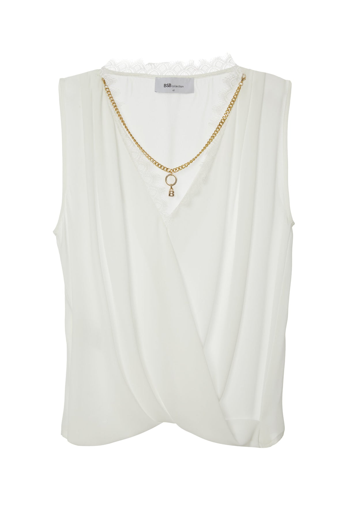BSB Sleeveless wrap blouse with lace and bejeweled necklace