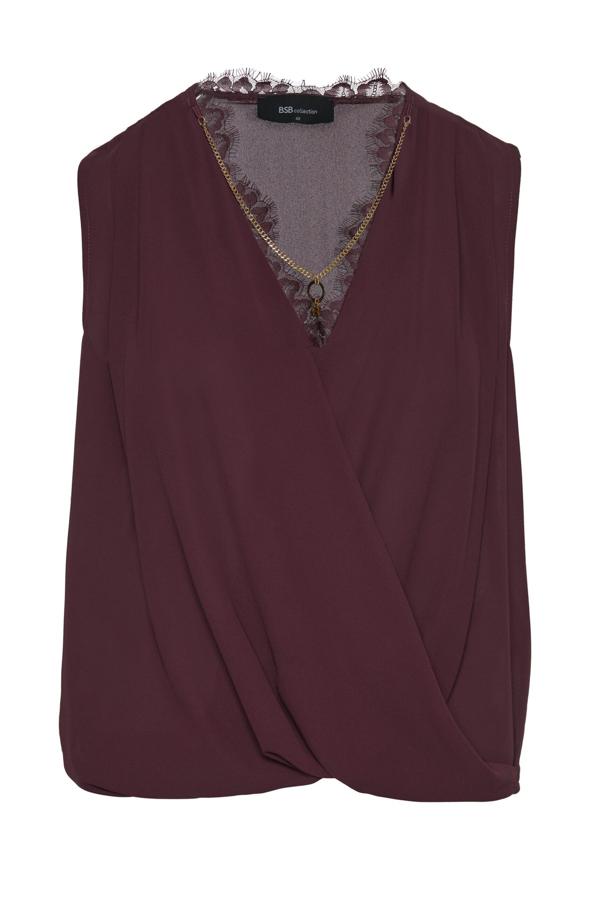 BSB Sleeveless wrap blouse with lace and bejeweled necklace