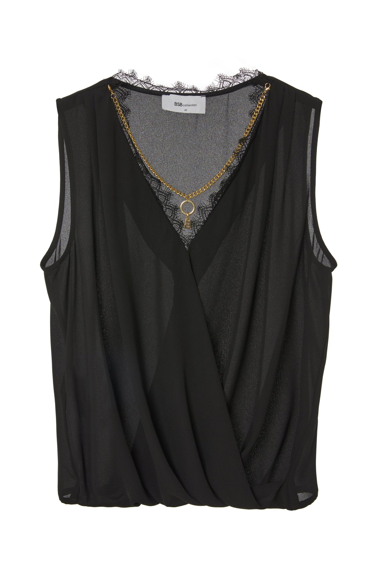 BSB Sleeveless wrap blouse with lace and bejeweled necklace