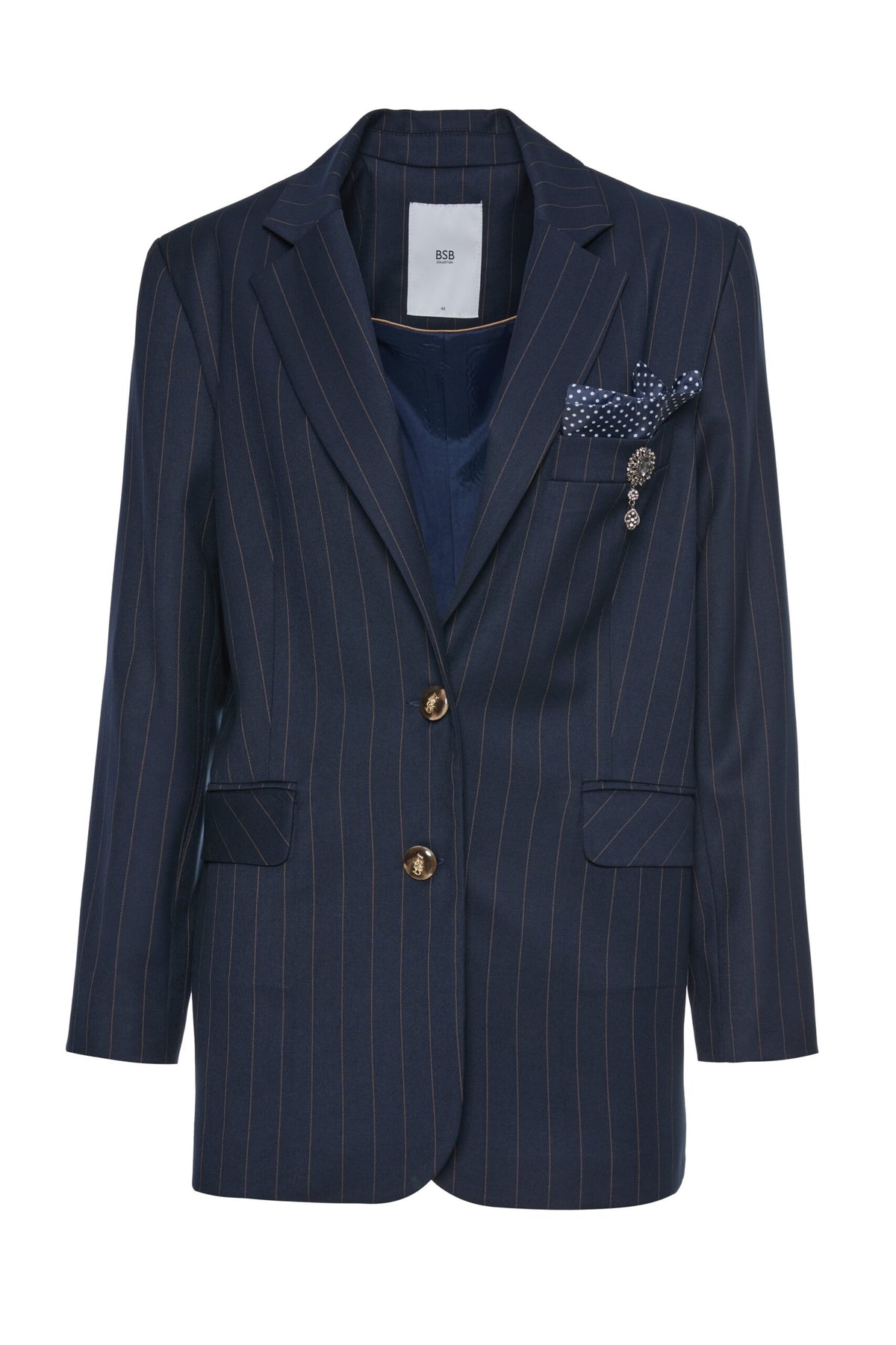 BSB Women's Pinstripe Blazer with Decorative Pocket Square