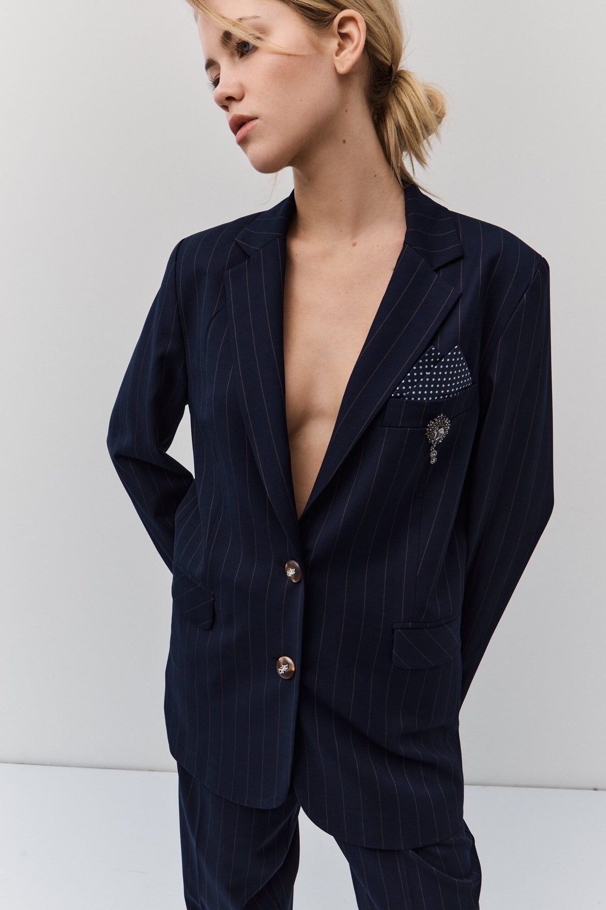 BSB Women's Pinstripe Blazer with Decorative Pocket Square