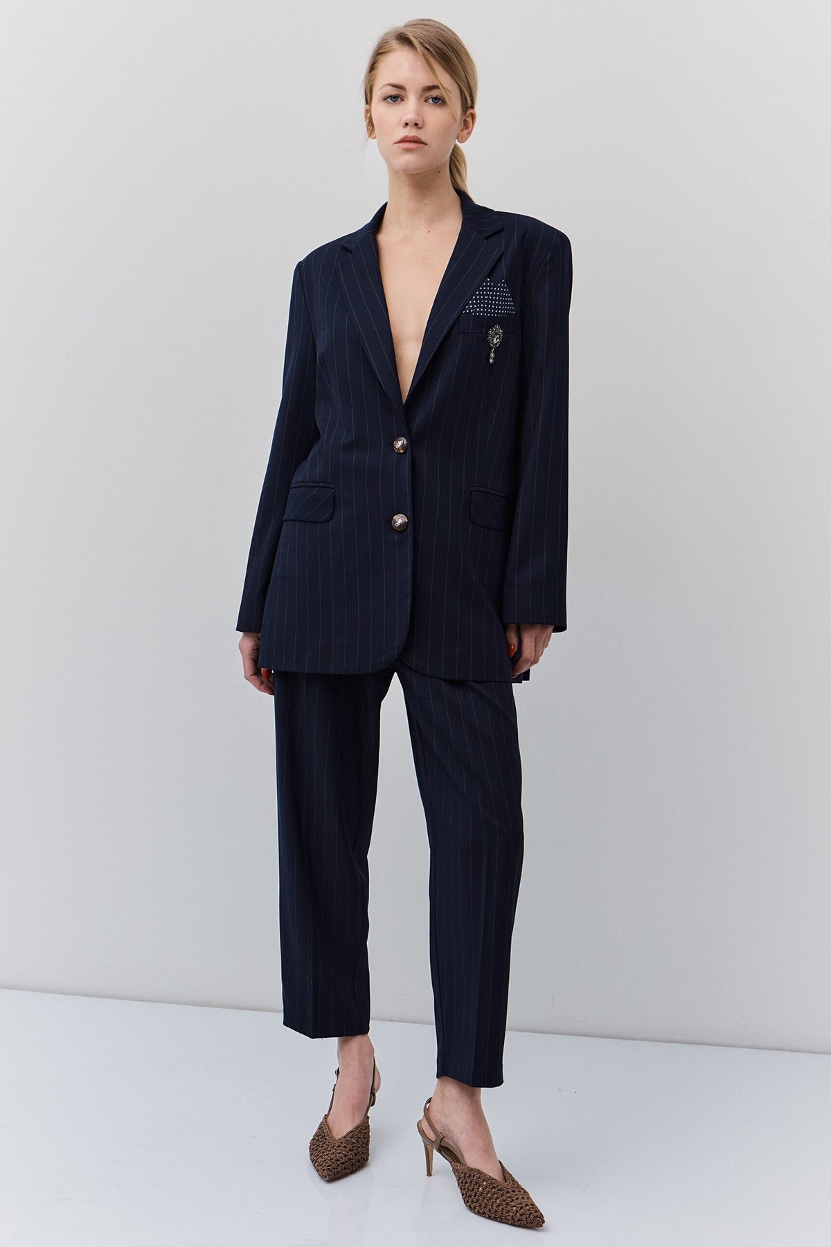 BSB Women's Pinstripe Blazer with Decorative Pocket Square