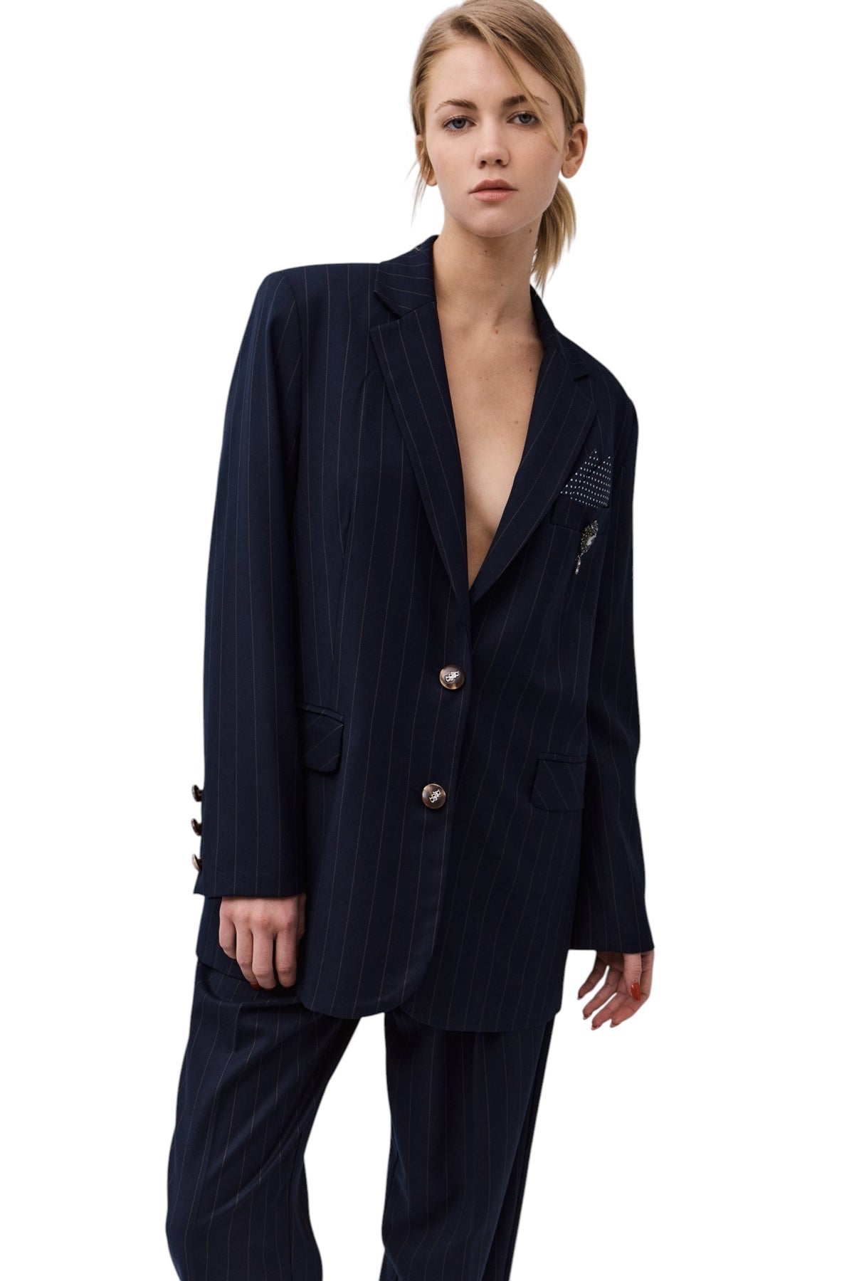 BSB Women's Pinstripe Blazer with Decorative Pocket Square