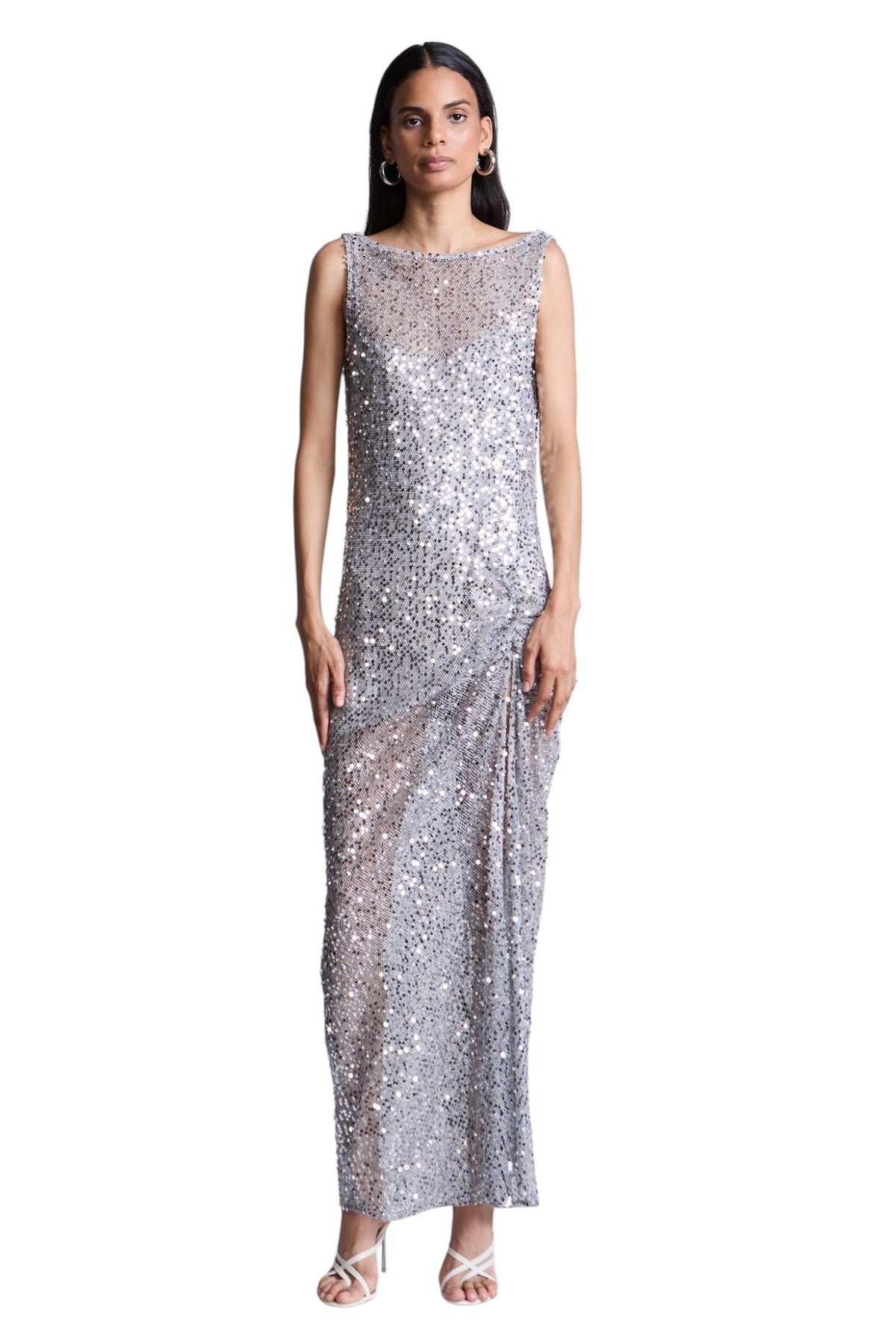 BCBGMAXAZARIA Lorraine Gown Silver sequin crafted with a fluid light-catching finish that glimmers