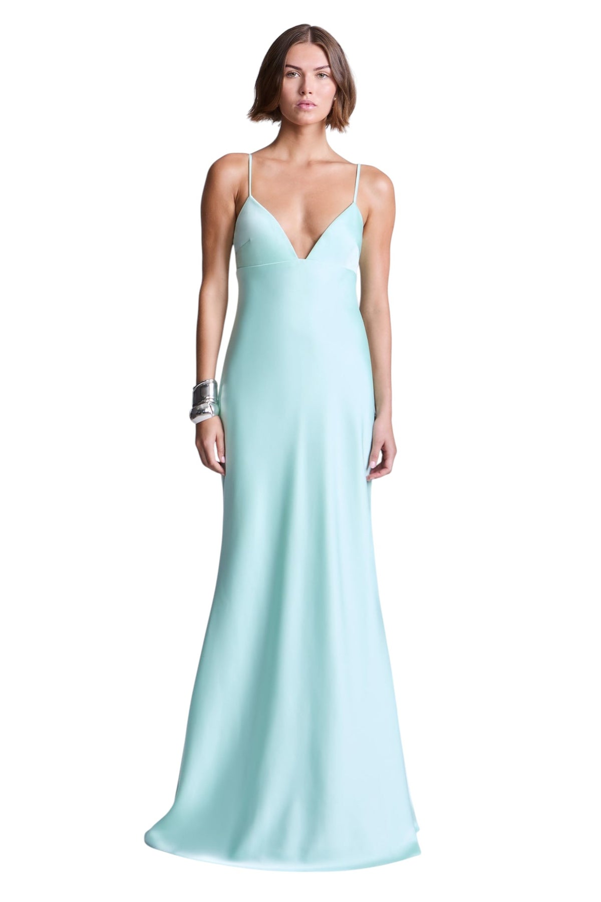 BCBGMAXAZARIA Faith Gown Seafoam satin cut with a smooth fluid finish that skims the body with quiet polish