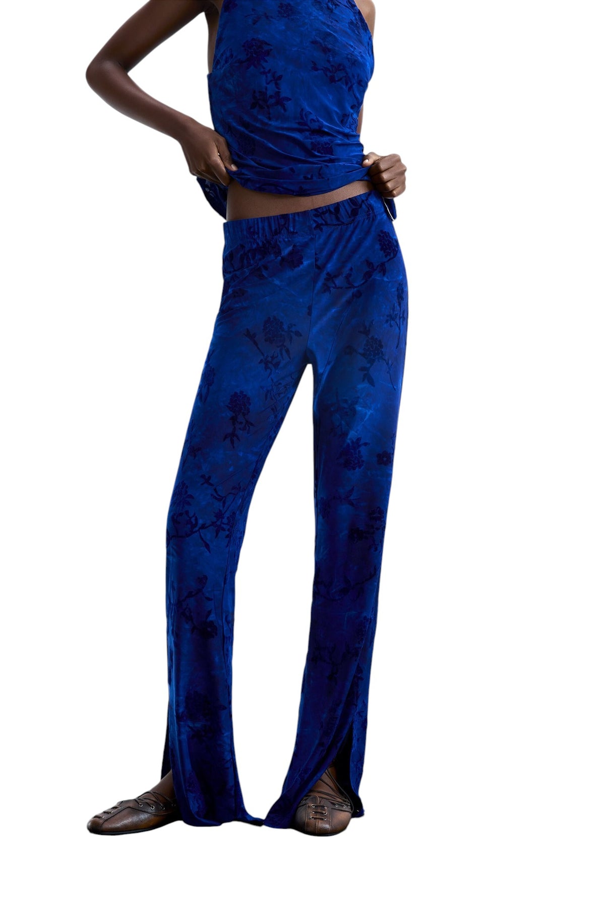 Desigual Flared-style trousers in devoré fabric with elastic waistband