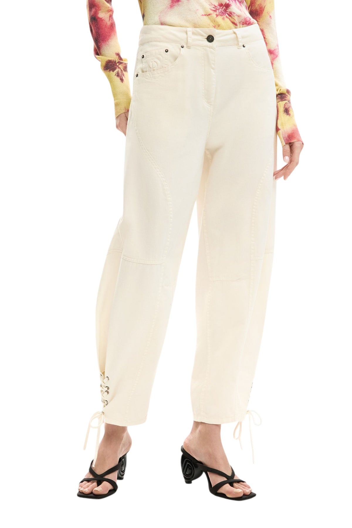 Desigual Long cotton trousers with plain white fabric waistband with button and zipper,