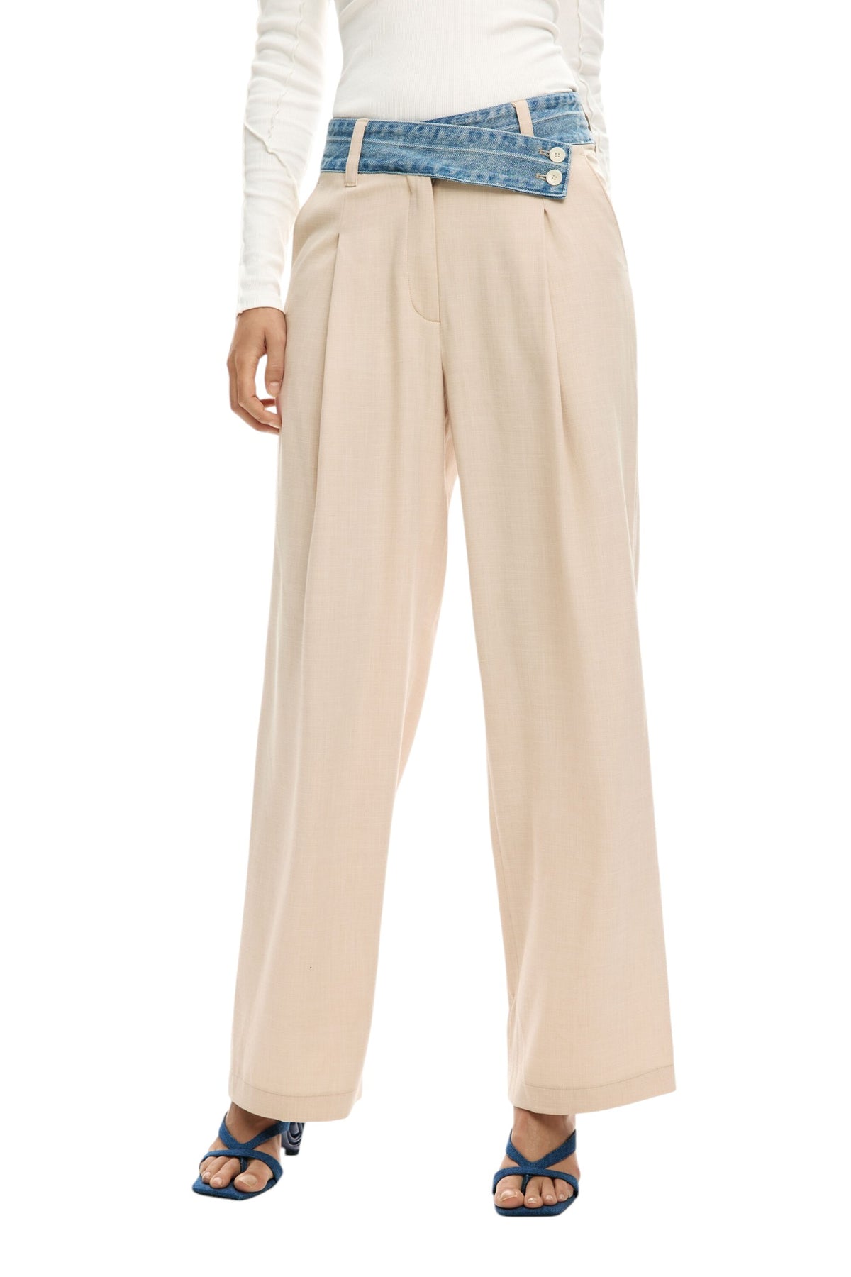 Desigual Straight pleated trousers in fluid fabric with denim fabric