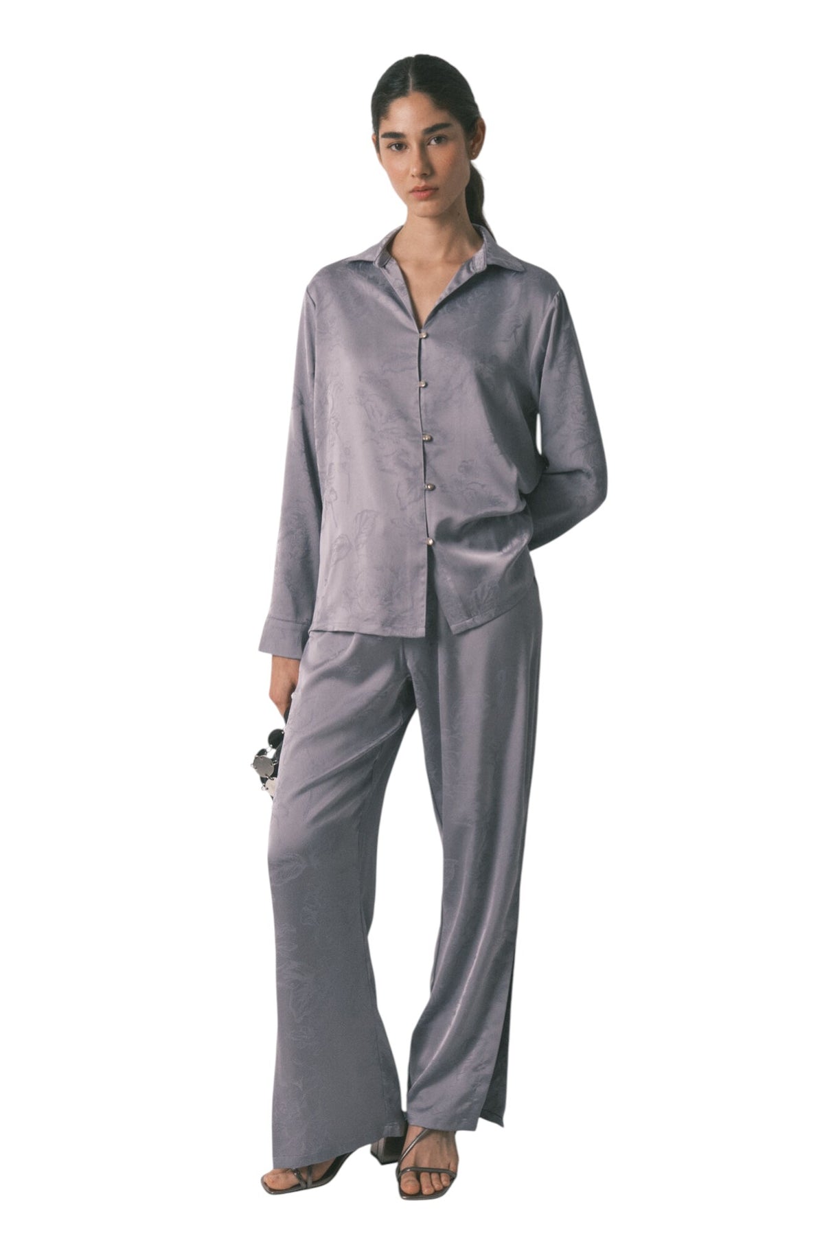 Women Secret Long classic pyjamas in grey jacquard satin