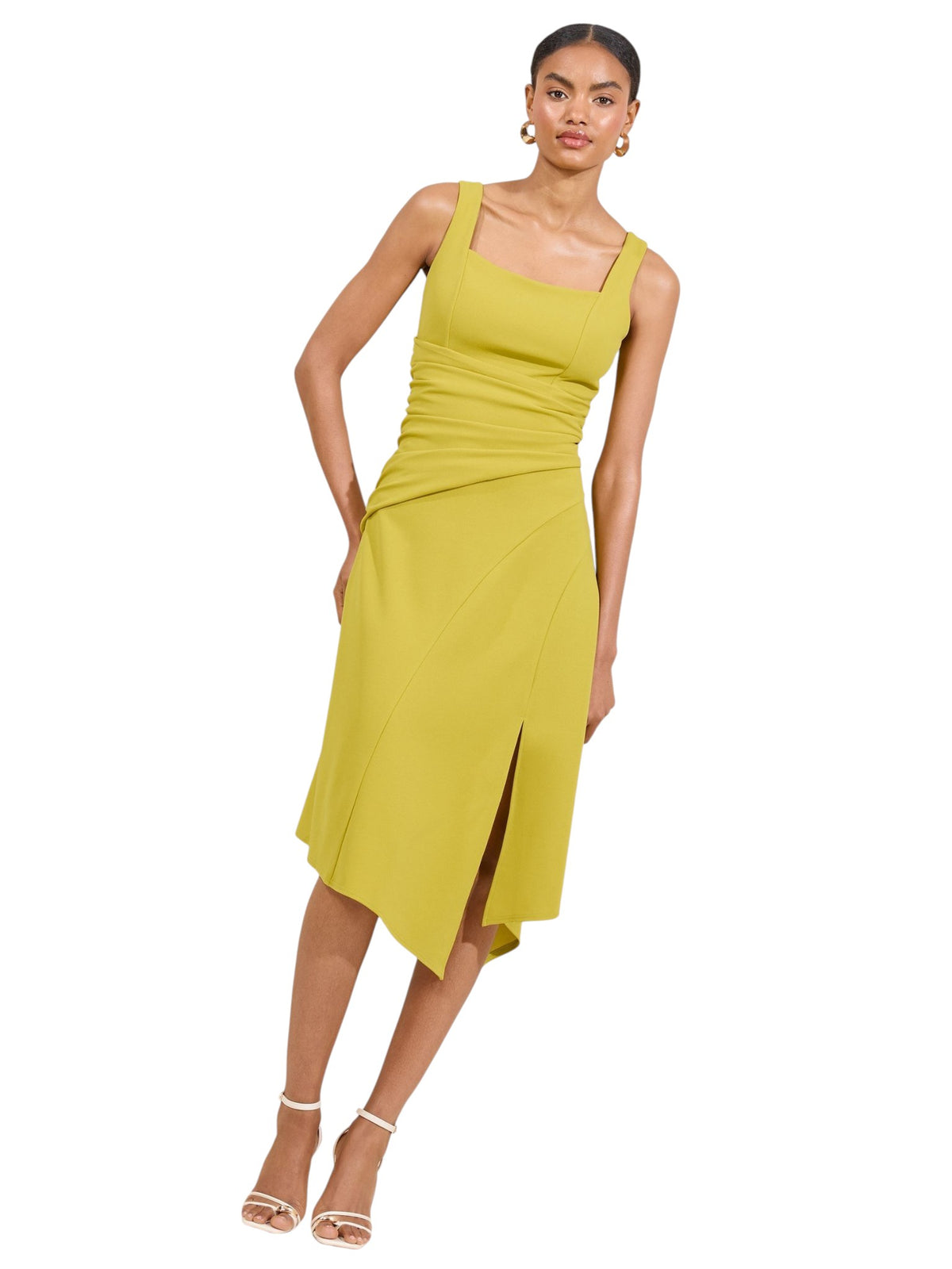 Lipsy Olive Green Square Neck Strappy Ruched Fit And Flare Midi Dress