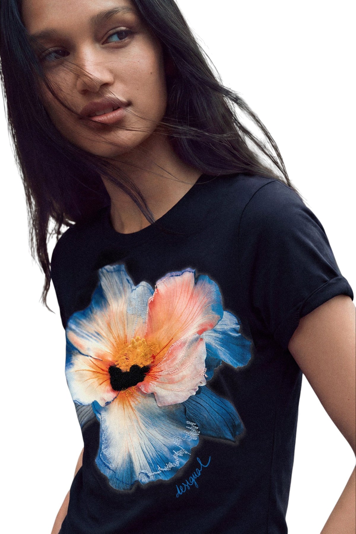 Desigual Regular-fit T-shirt with a front print of a hibiscus-style flower