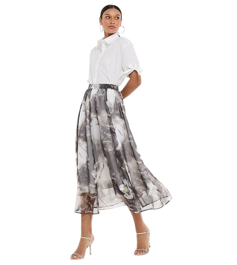 BCBGMAXAZARIA Patterned Elastic Waist Flared Midi Skirt For Women