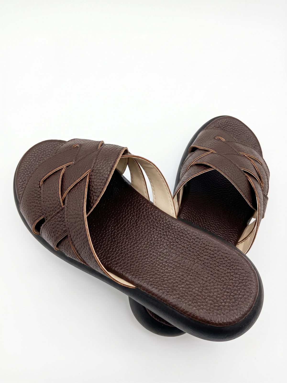Textured Woven Cross-Strap Comfort Slide Sandals - Brown