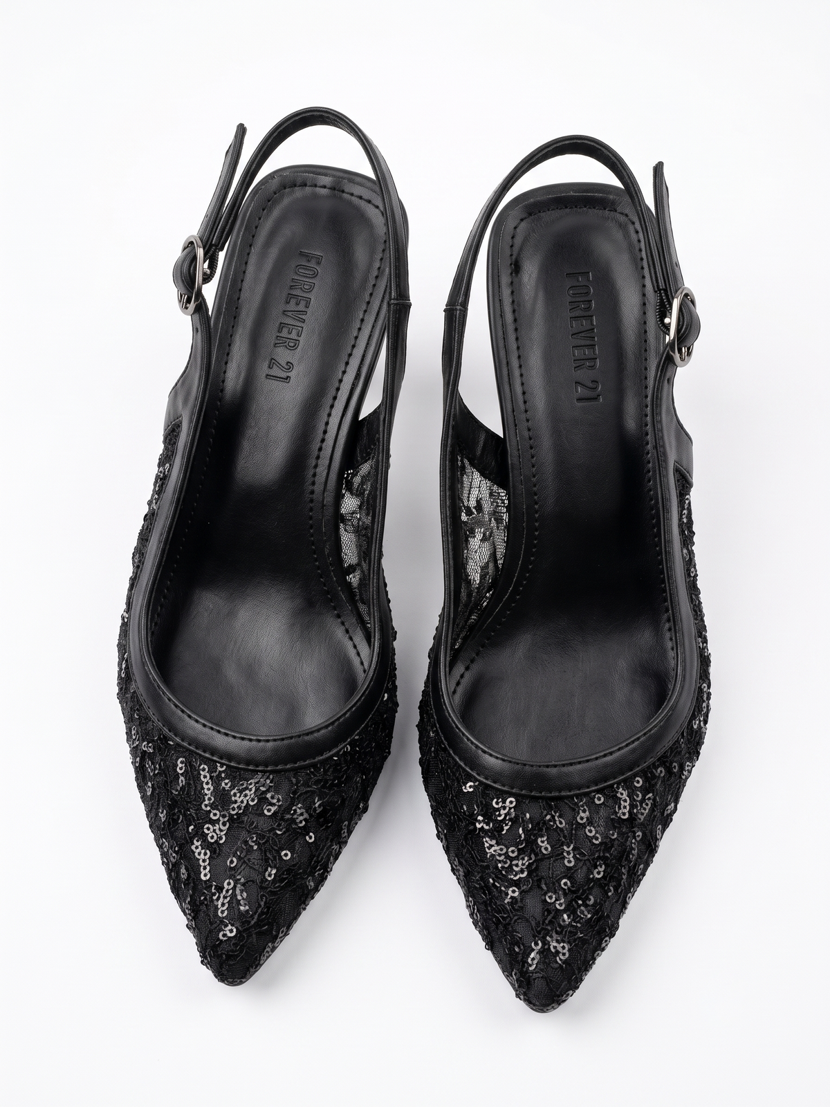 Pointed-Toe Sequin Lace Slingback Heels - Black
