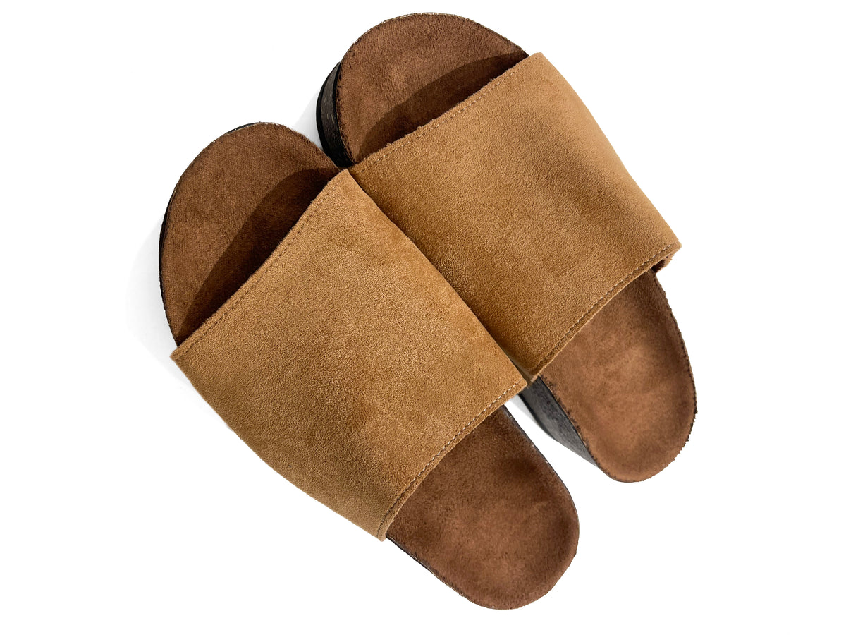Minimalist Wide-Strap Suede Slide Sandals With Contoured Footbed - Beige