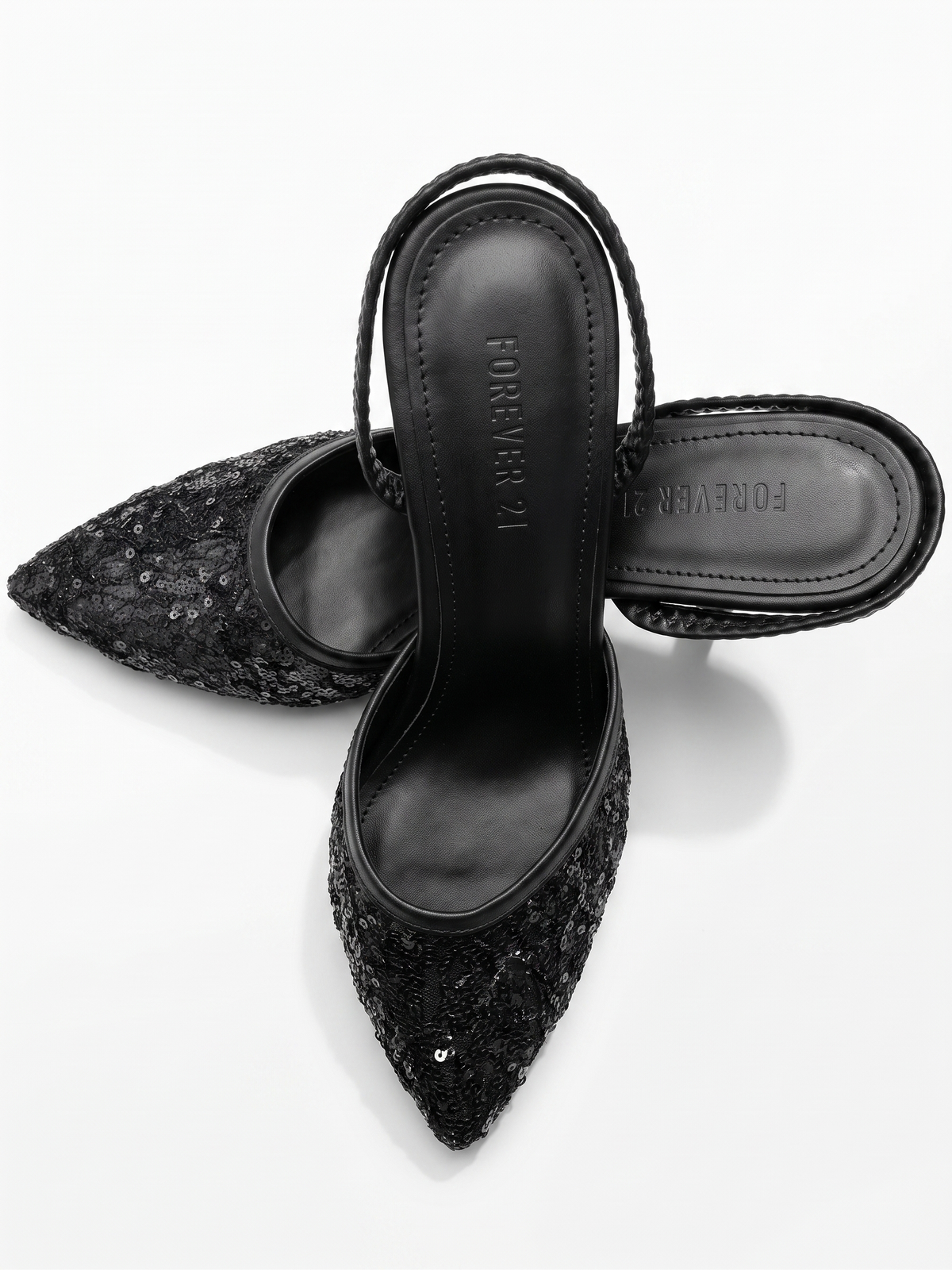 Pointed-Toe Sequin Lace Slingback Heels - Black