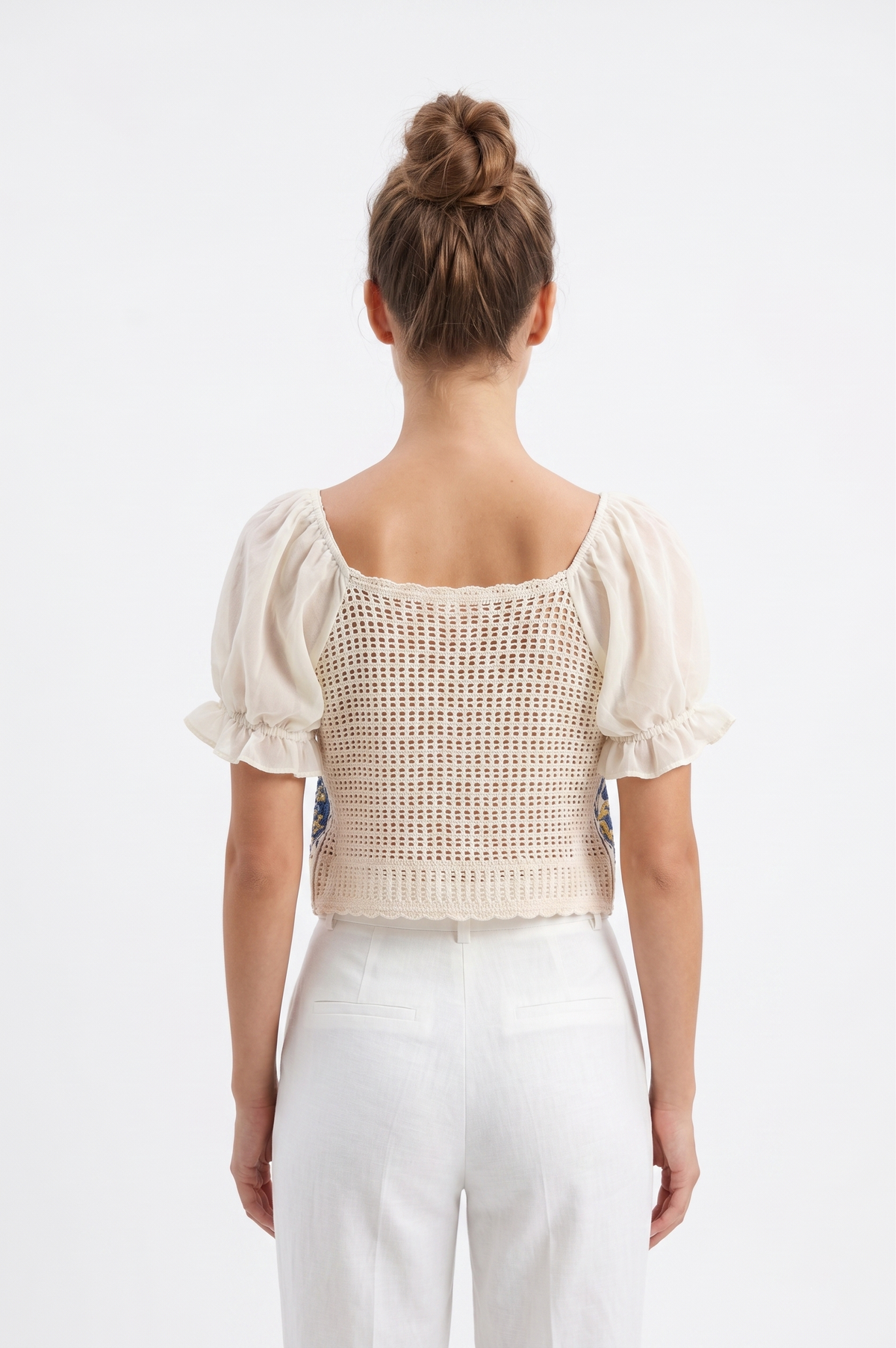FOREVER 21 Embroidered Mixed-Media Crop Top with Puff Sleeves and Lace Trim