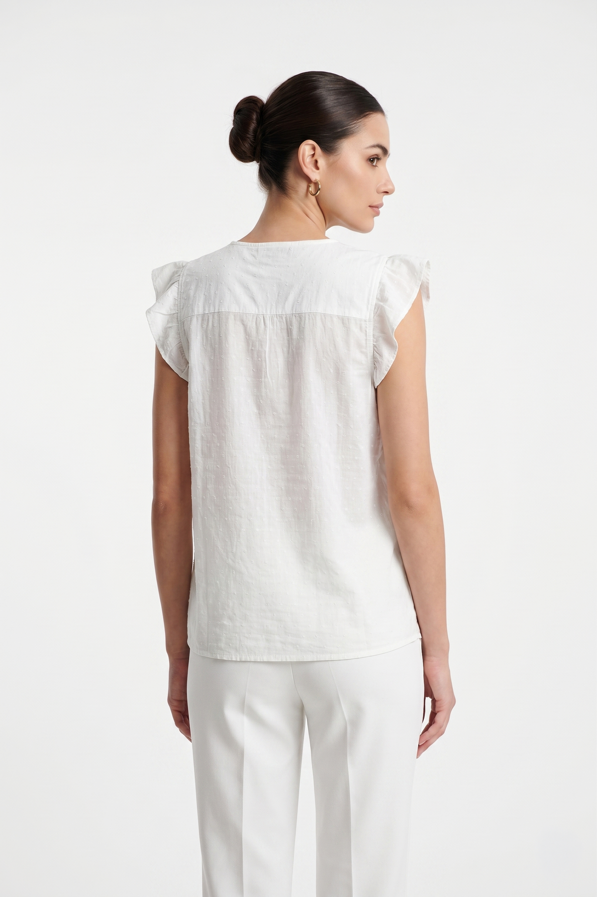 FOREVER 21 Swiss Dobby V-Neck Blouse with Embroidered Border and Ruffle Cap Sleeves