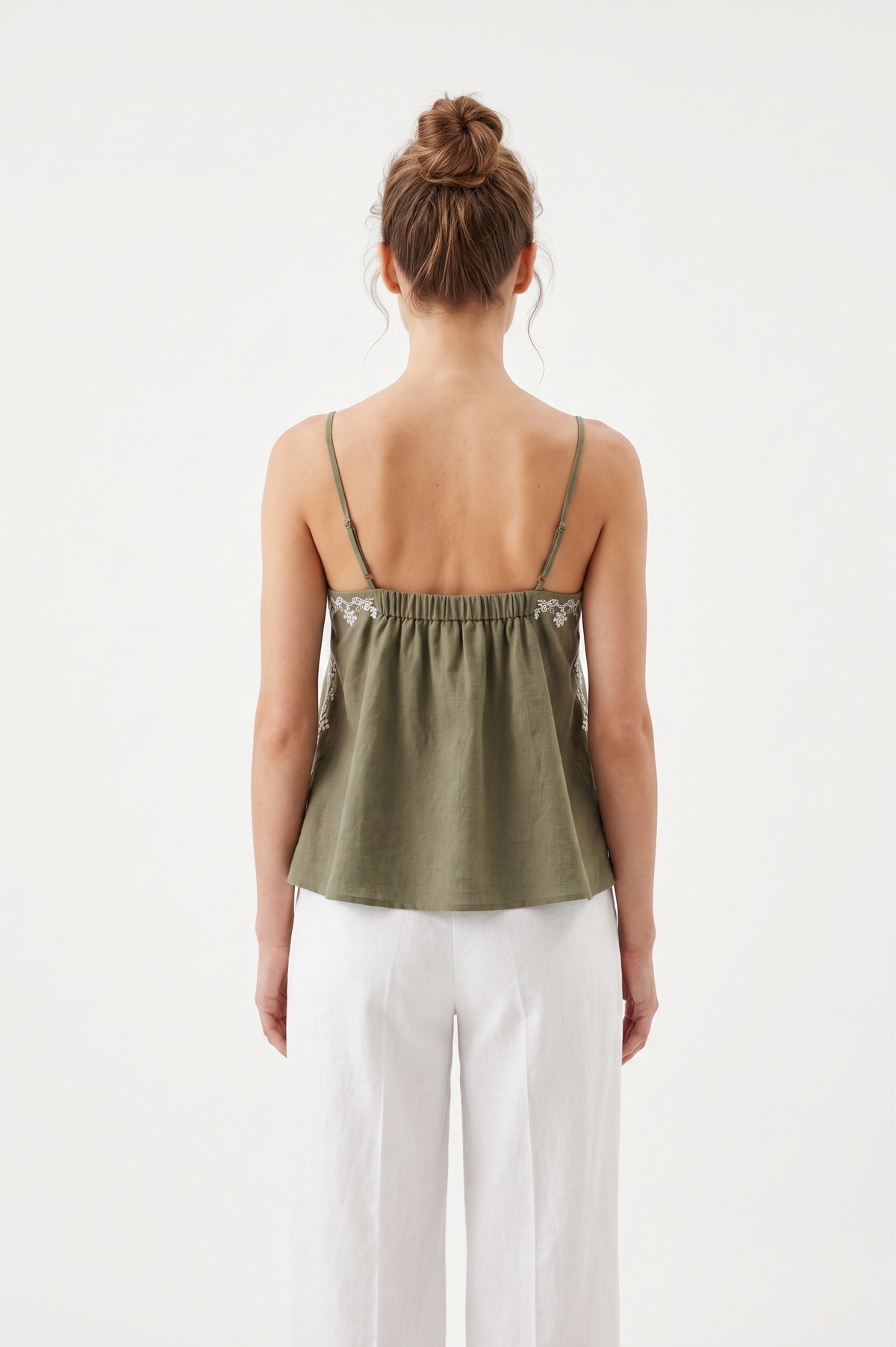FOREVER 21 Embroidered Linen-Blend Camisole Top with Lace Trim and Peplum Hem