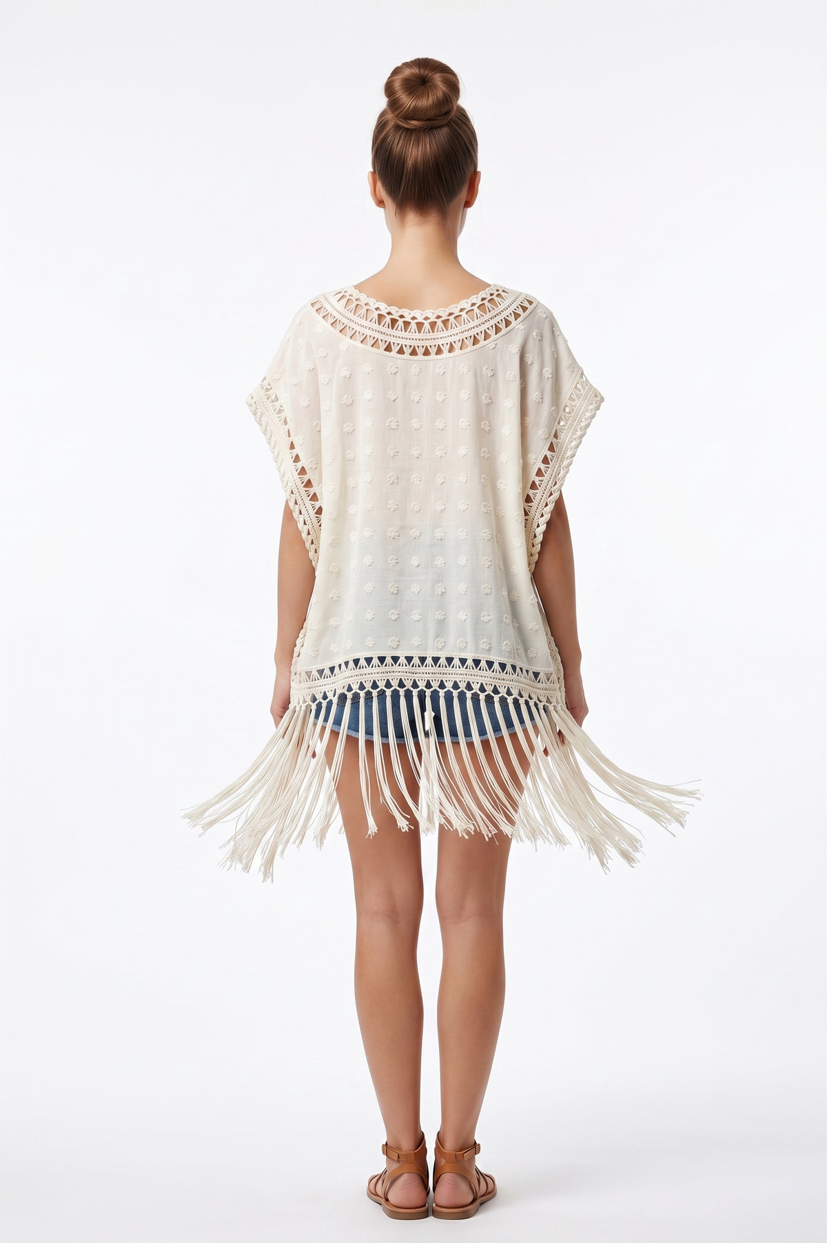 FOREVER 21 Swiss Dobby Poncho Tunic with Crochet Lace Inserts and Fringe Hem