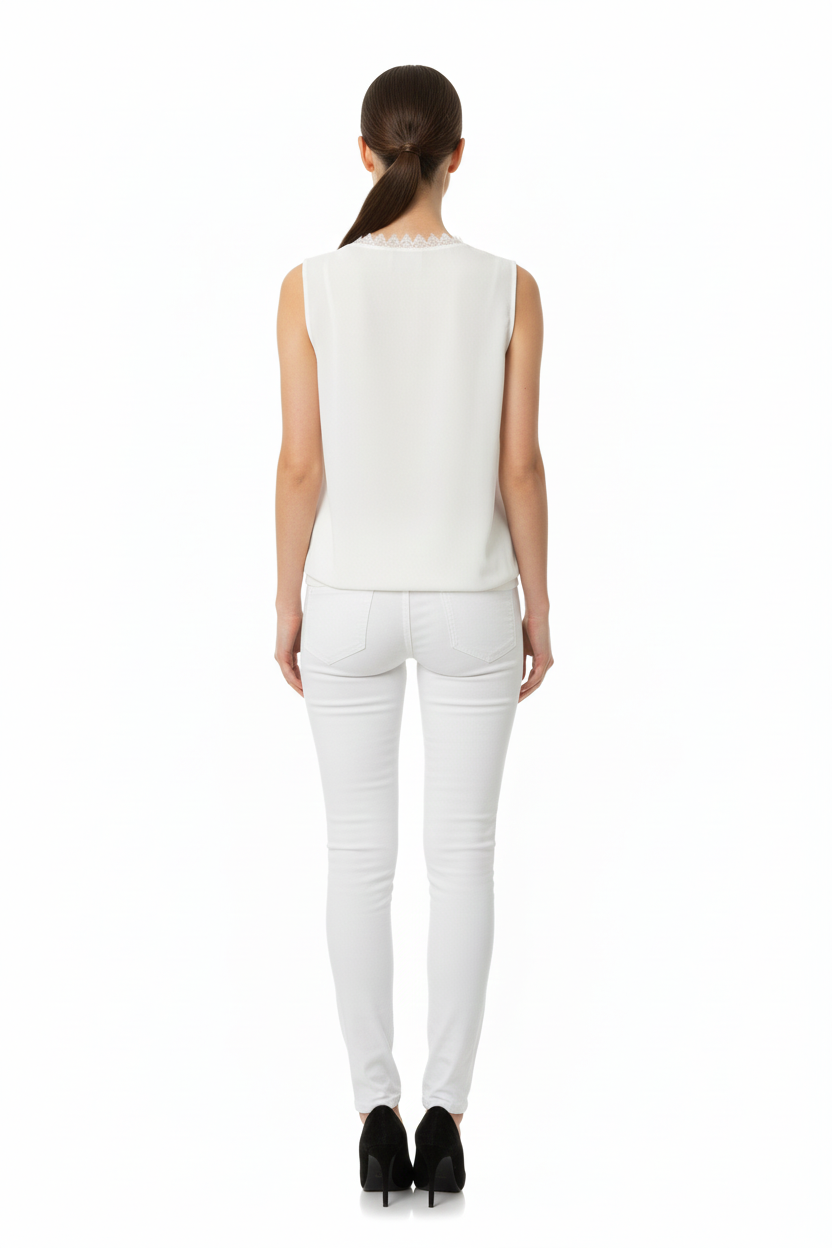 BSB Sleeveless wrap blouse with lace and bejeweled necklace