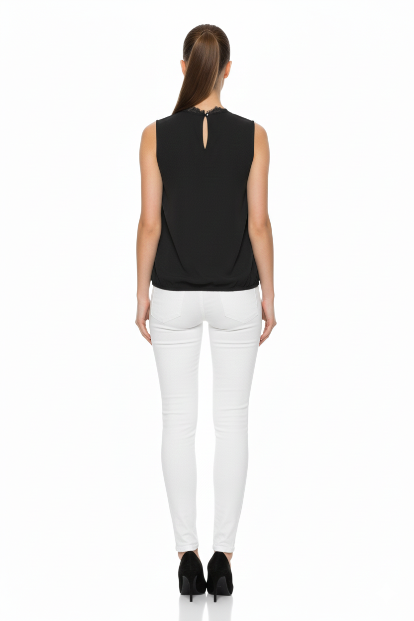 BSB Sleeveless wrap blouse with lace and bejeweled necklace