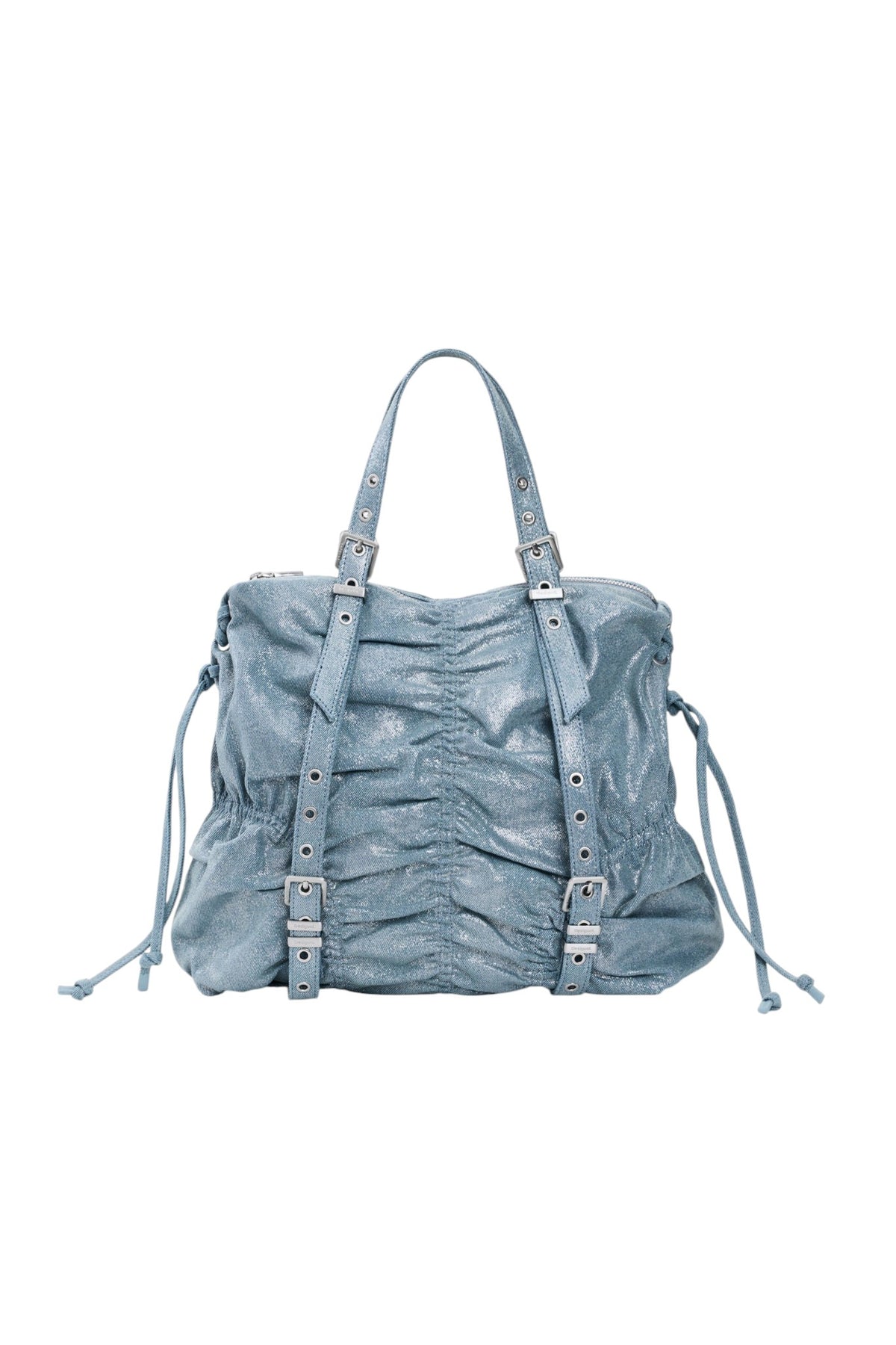 Desigual Medium-sized backpack made of blue denim fabric with a ruched finish on the front.