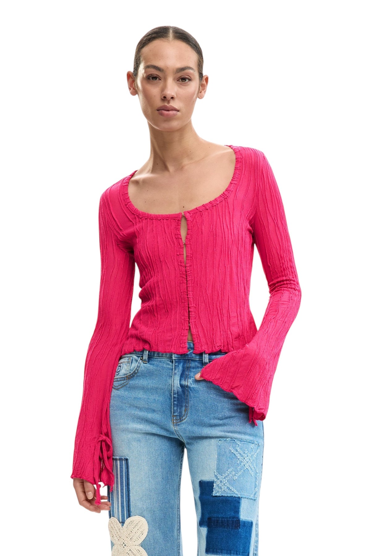 Desigual Long-sleeved T-shirt with snap-button fastening on the front V-neckline