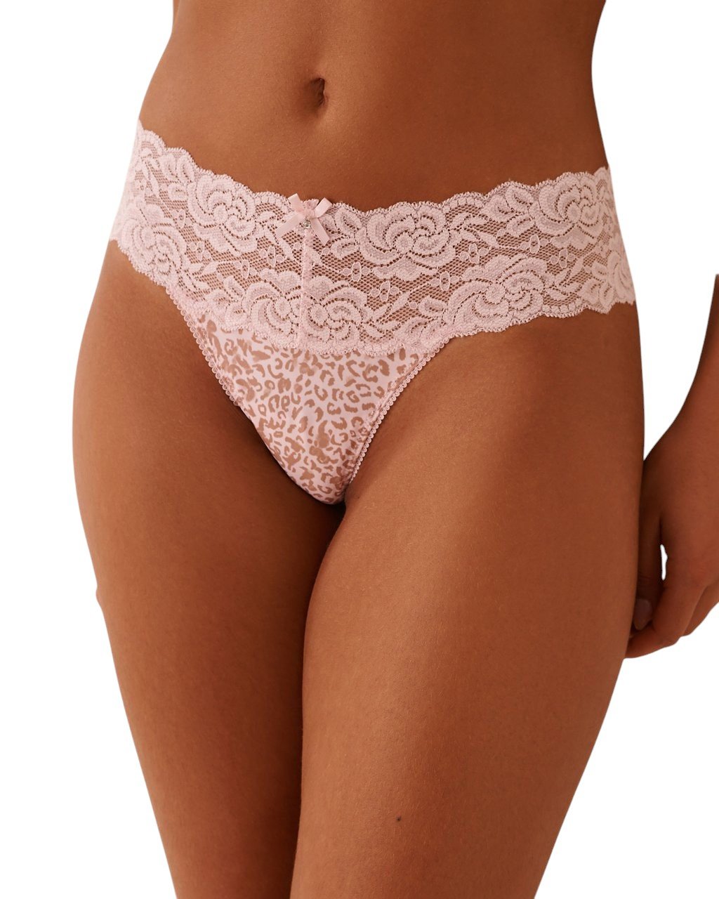 Microfiber And Wide Lace Band Thong Panty