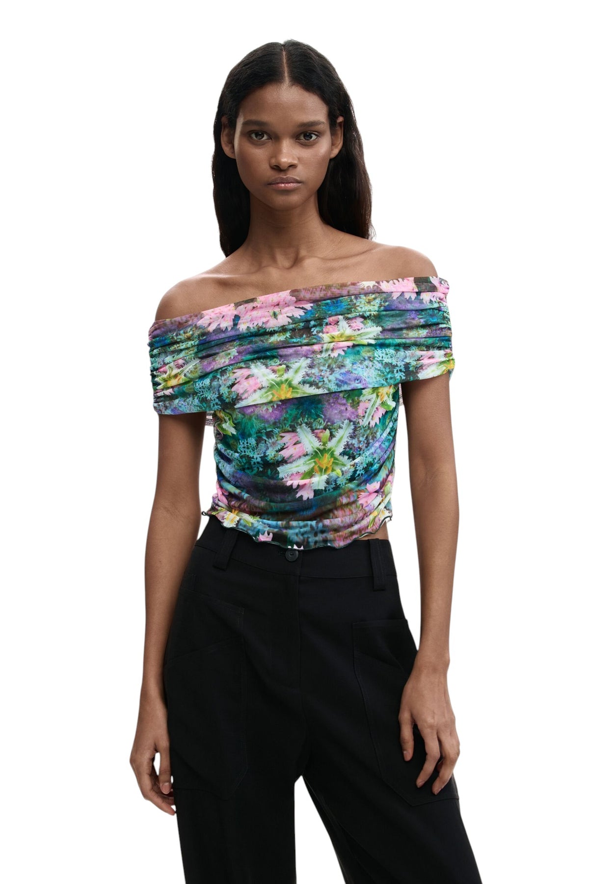 Desigual Sleeveless top with boat neckline made of tulle fabric with inner lining