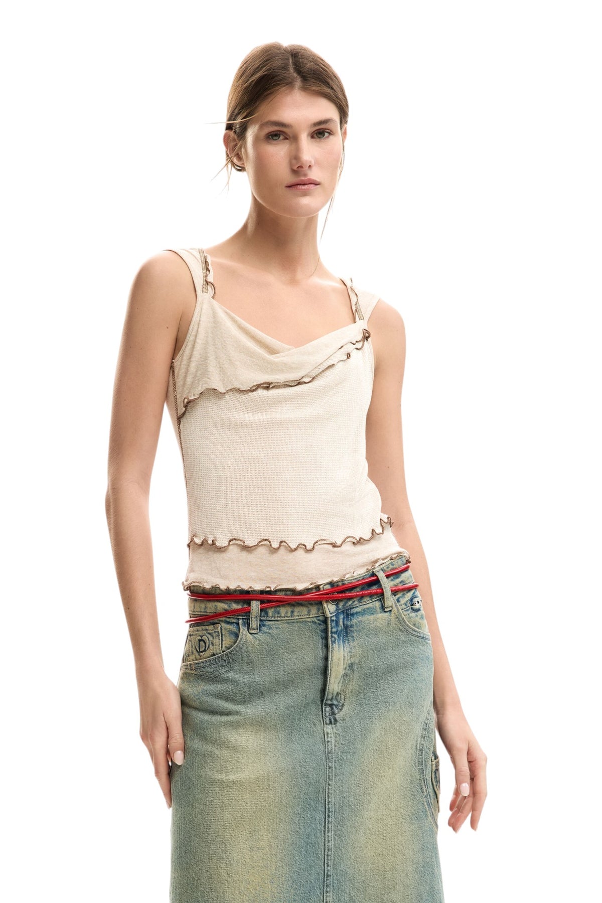 Desigual Sleeveless T-shirt made of lightweight fabric with ruffles and scalloped