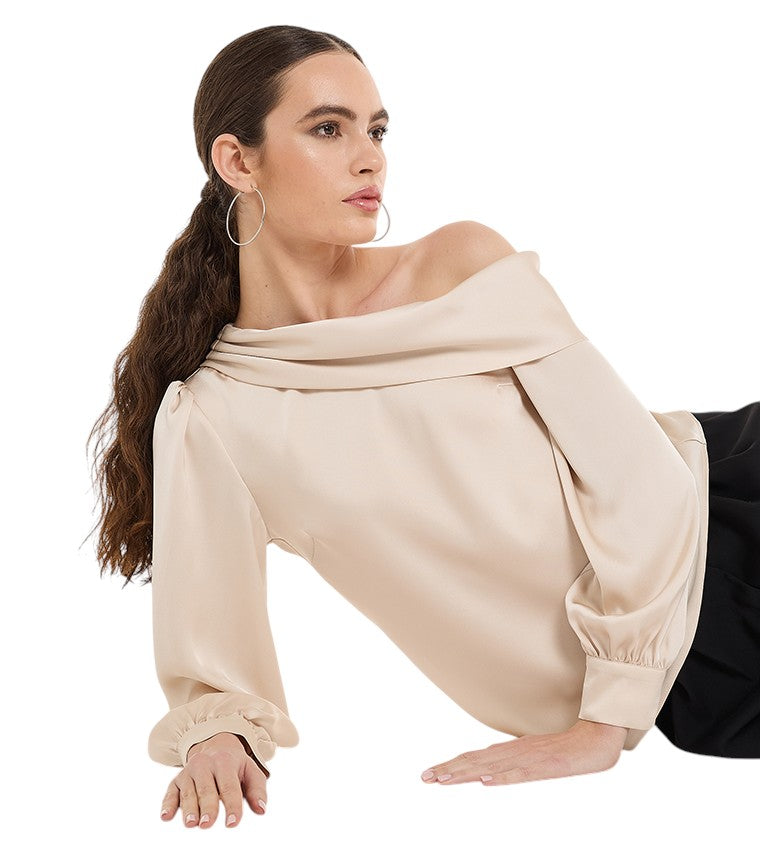 BCBGMAXAZARIA Draped Asymmetric Neck Satin Top For Women