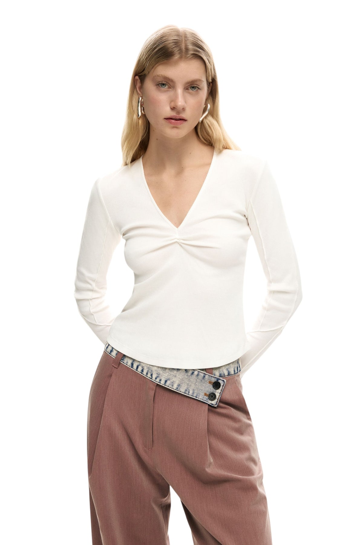 Desigual Long-sleeved T-shirt in slightly elastic rib knit with V-neckline knotted-effect detail