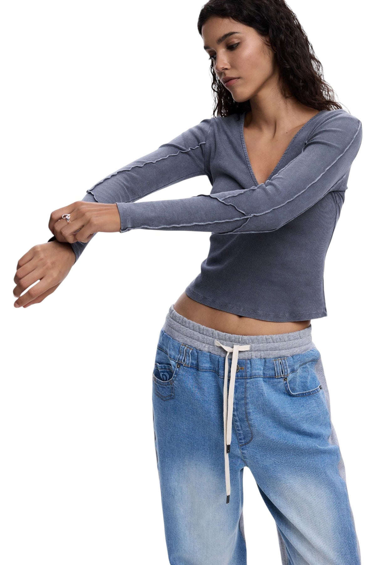 Desigual Long-sleeved T-shirt in slightly elastic rib knit with V-neckline knotted-effect detail