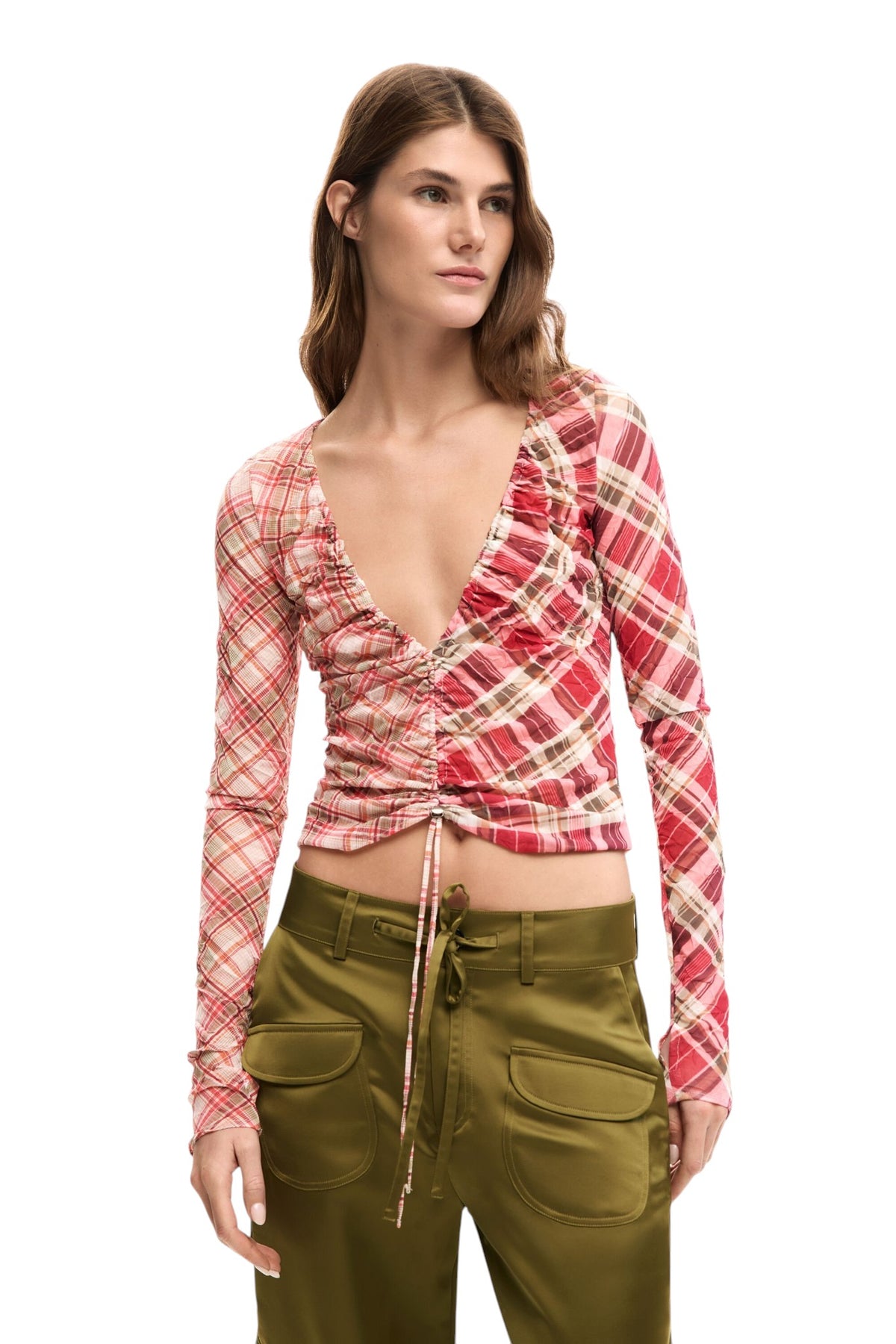 Desigual Checked T-shirt with gathering at the front that adjusts the length