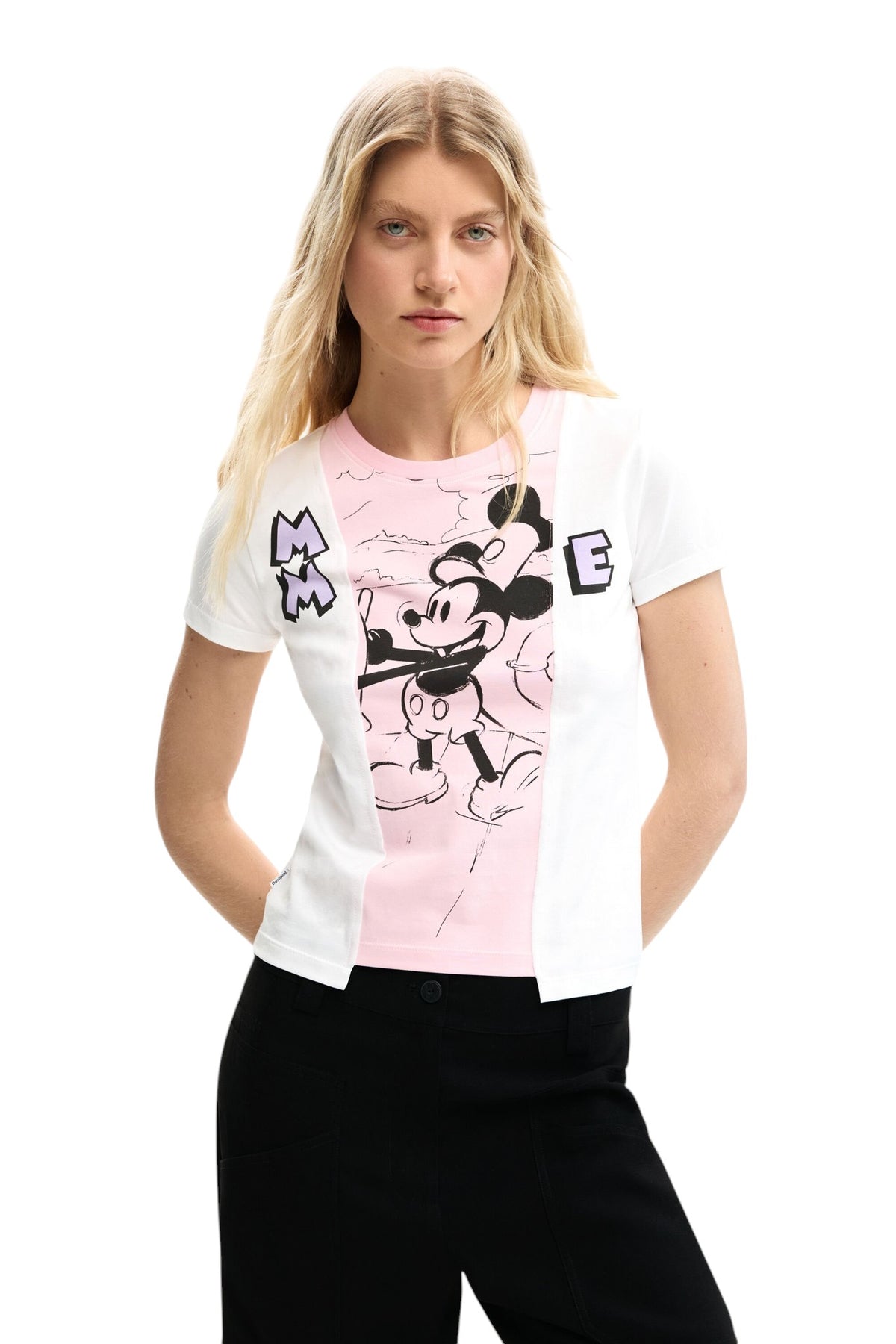 Desigual Regular-fit T-shirt with asymmetrical hem two-tone design and Mickey Mouse™ image on the front.