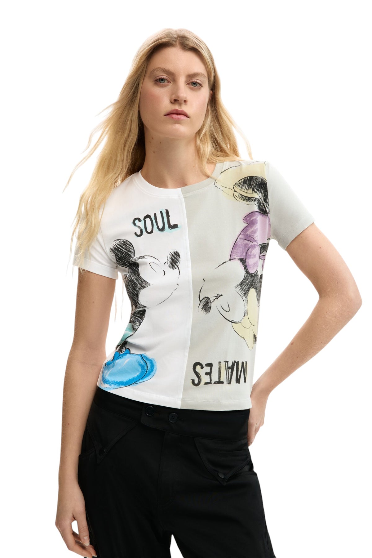 Desigual Regular-cut T-shirt with asymmetrical hem two-tone design and image of Mickey