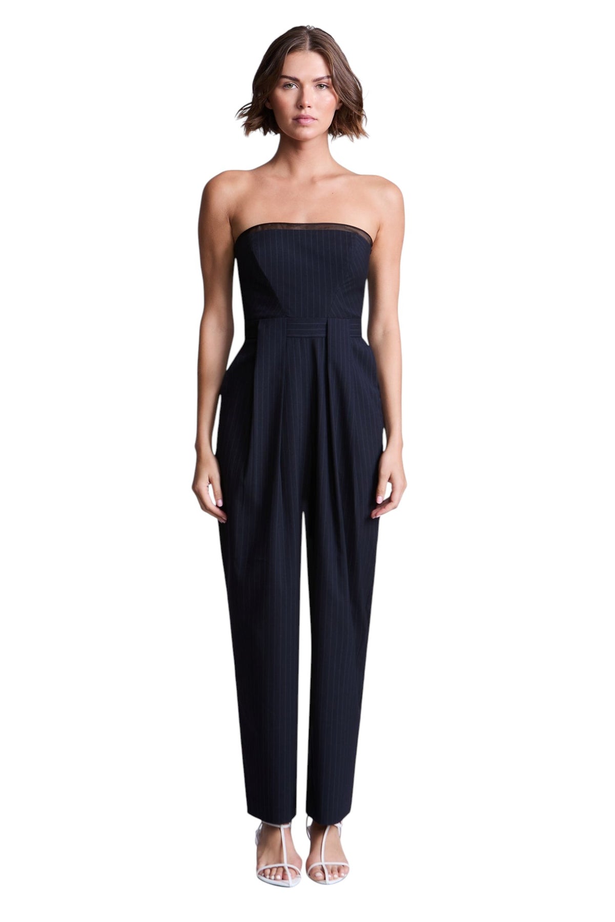 BCBGMAXAZARIA Donna Jumpsuit Navy pinstripe tailored with a sharp architectural finish and subtle stretch