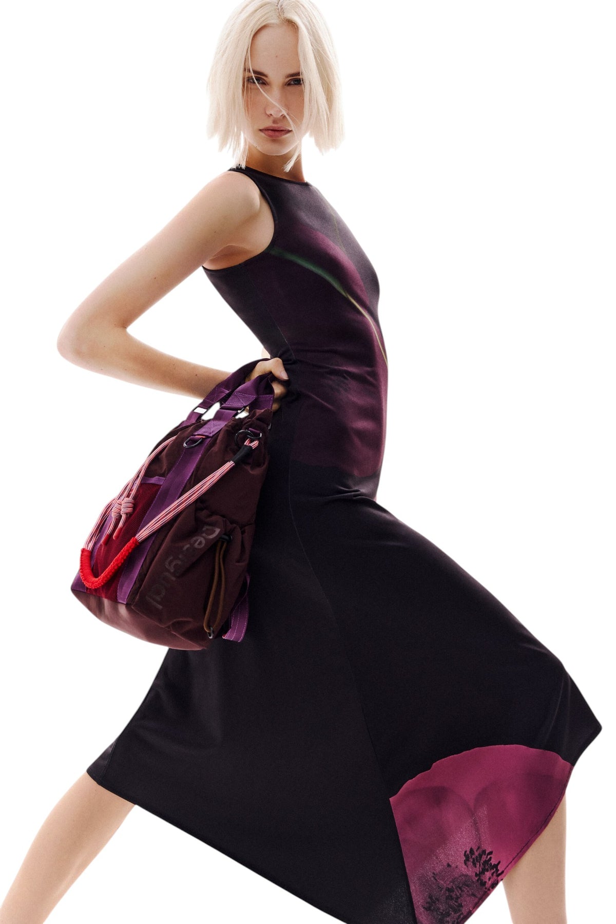 Desigual Sleeveless fluid dress with asymmetrical cut and large flower print